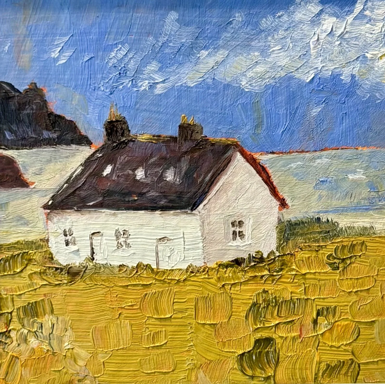 This small oil piece on watercolor paper captures the rich simplicity of coastal life, brought to life by thickly textured chartreuse and cornflower blue.