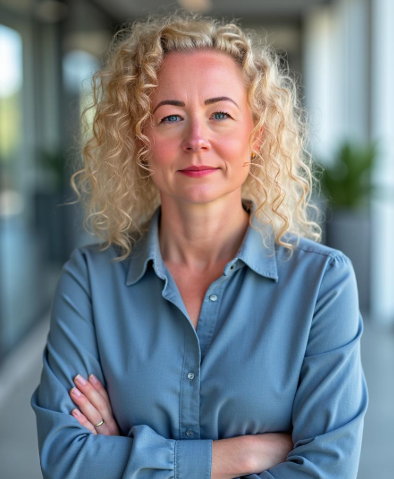 Portrait of a woman with curly blonde hair wearing a blue button-up shirt, standing indoors with blurred background and natural light.