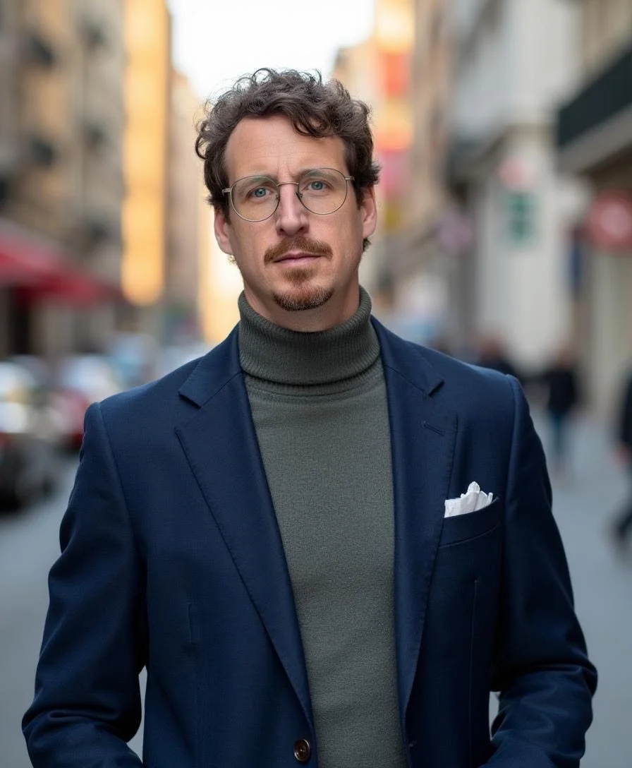 A man with curly brown hair, glasses, and a goatee, wearing a dark blue blazer over a gray turtleneck, walking on a city street.