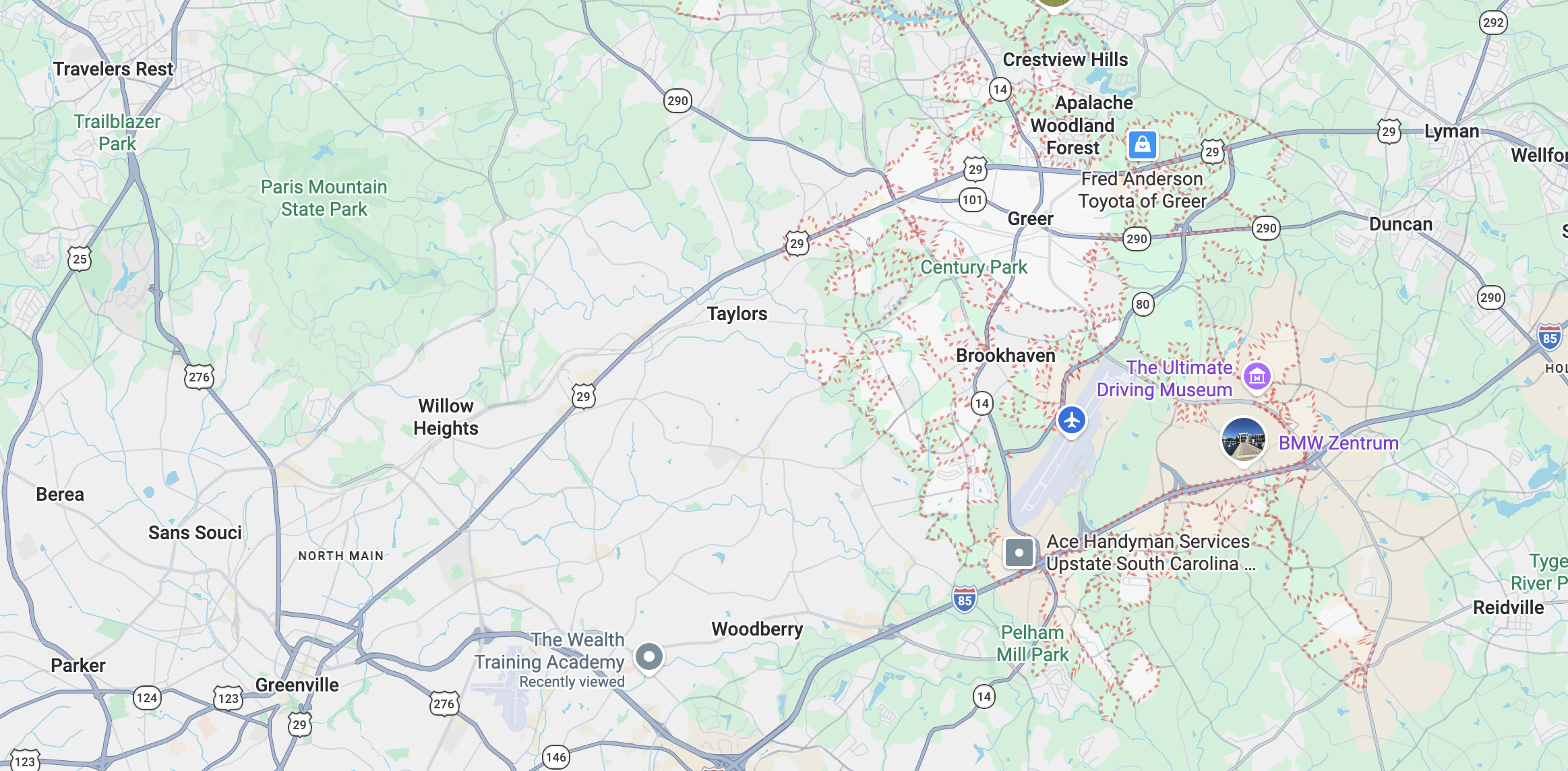 Map showing parts of Greenville county, including service areas of Greenville, Greer, Taylors, Travelers Rest, Lyman, and Duncan