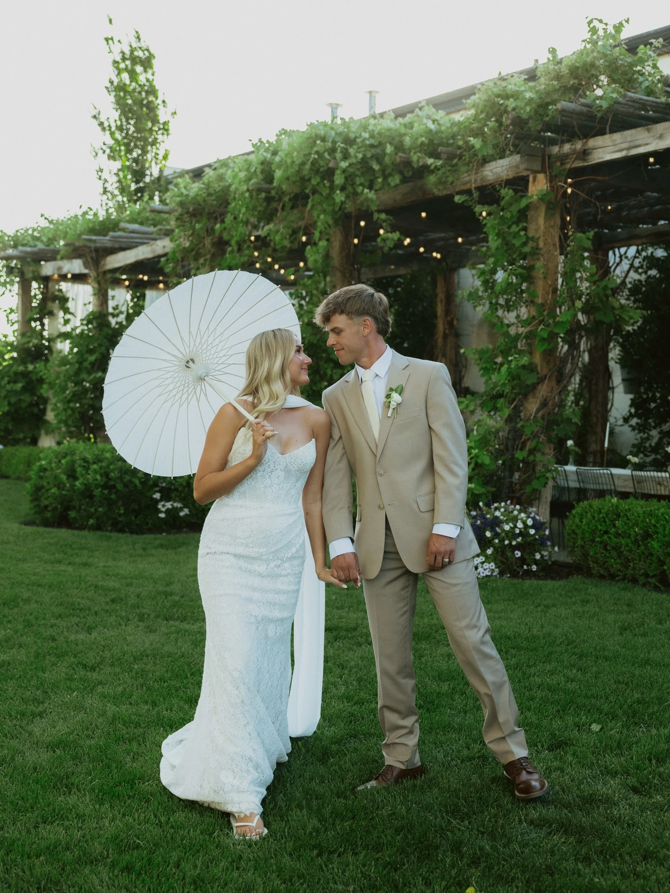 J &amp; B&rsquo;s day in 20 slides ☁️ 💍 🍾 filed with green tones, butter yellow dresses,  and cake to the face 🍰 #weddingday
