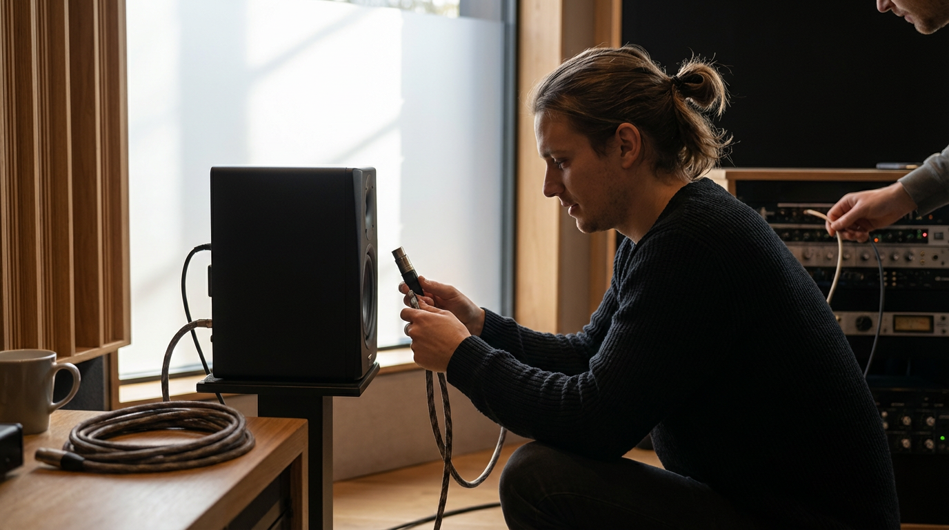 A man with long hair tied back, wearing a dark sweater, is sitting on the floor in a recording studio, connecting audio equipment to a speaker. He is focused on attaching cables while another person behind him handles additional connections. The studio has wooden panels, a window with natural light, and audio equipment with various cables and controls.