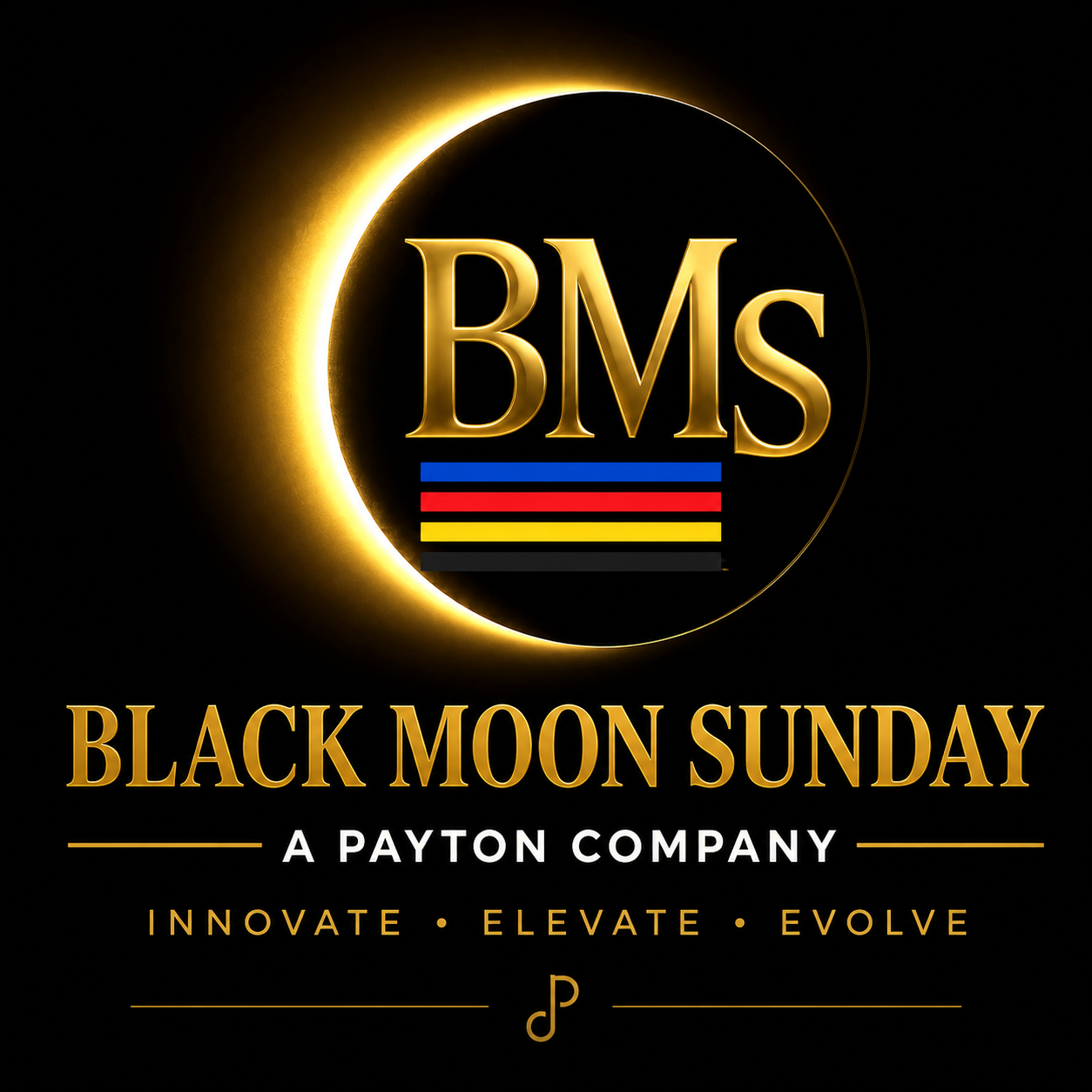 Black Moon Sunday event poster with glowing eclipse graphic, gold BMS initials, colorful lines, and text about the event, company, and themes of innovate, elevate, evolve.