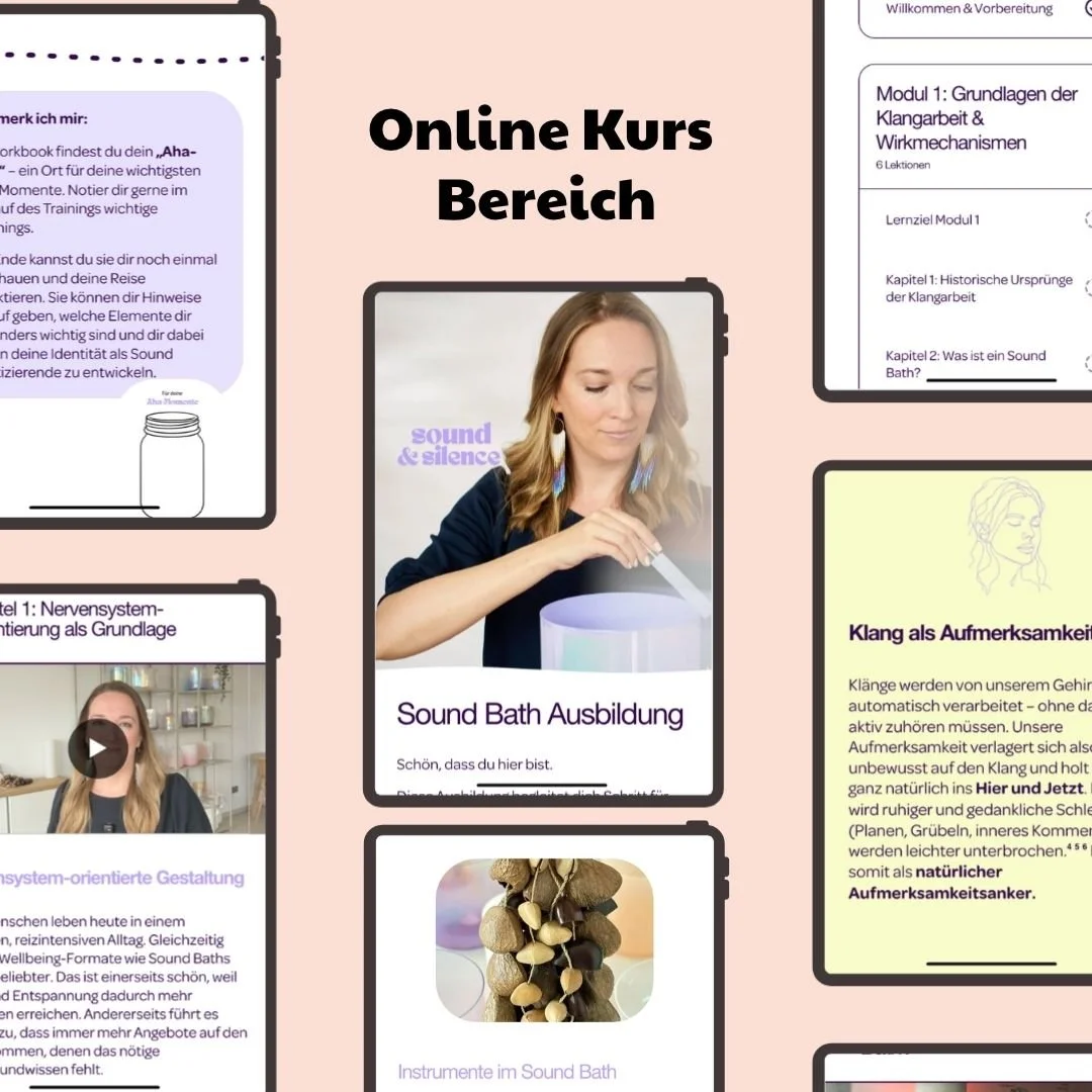Grafik für einen Online-Kurs im Bereich Sound & Silence mit Bild einer Frau, die Sound Bath Praktiken demonstriert, umgeben von Kursmaterialien und Textblöcken.