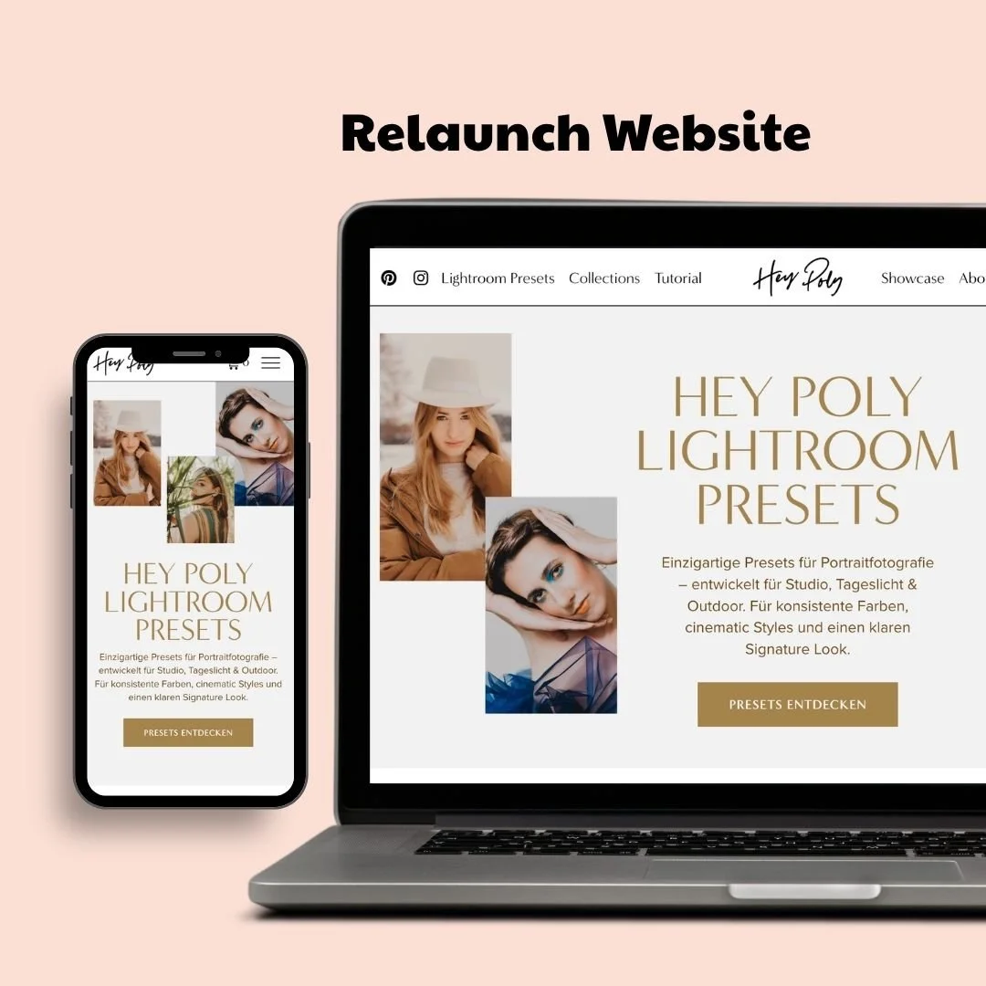Screenshot einer Website und eines Smartphones, die beide die Landingpage für Hey Poly Lightroom Presets zeigen, mit Bildern von Frauen und Texten in Deutsch, die die Presets beschreiben.