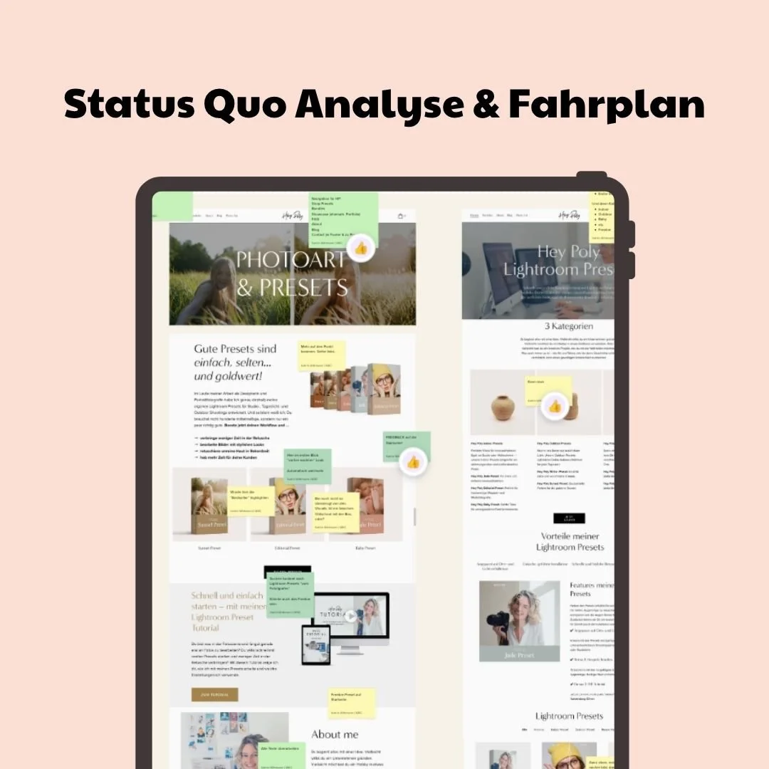 Bild eines Smartphones mit einer Website im Design eines Content-Management-Systems, die verschiedene Fotos, Textabschnitte und Notizen zeigt, darüber ein rosa Hintergrund mit der Aufschrift 'Status Quo Analyse & Fahrplan'.