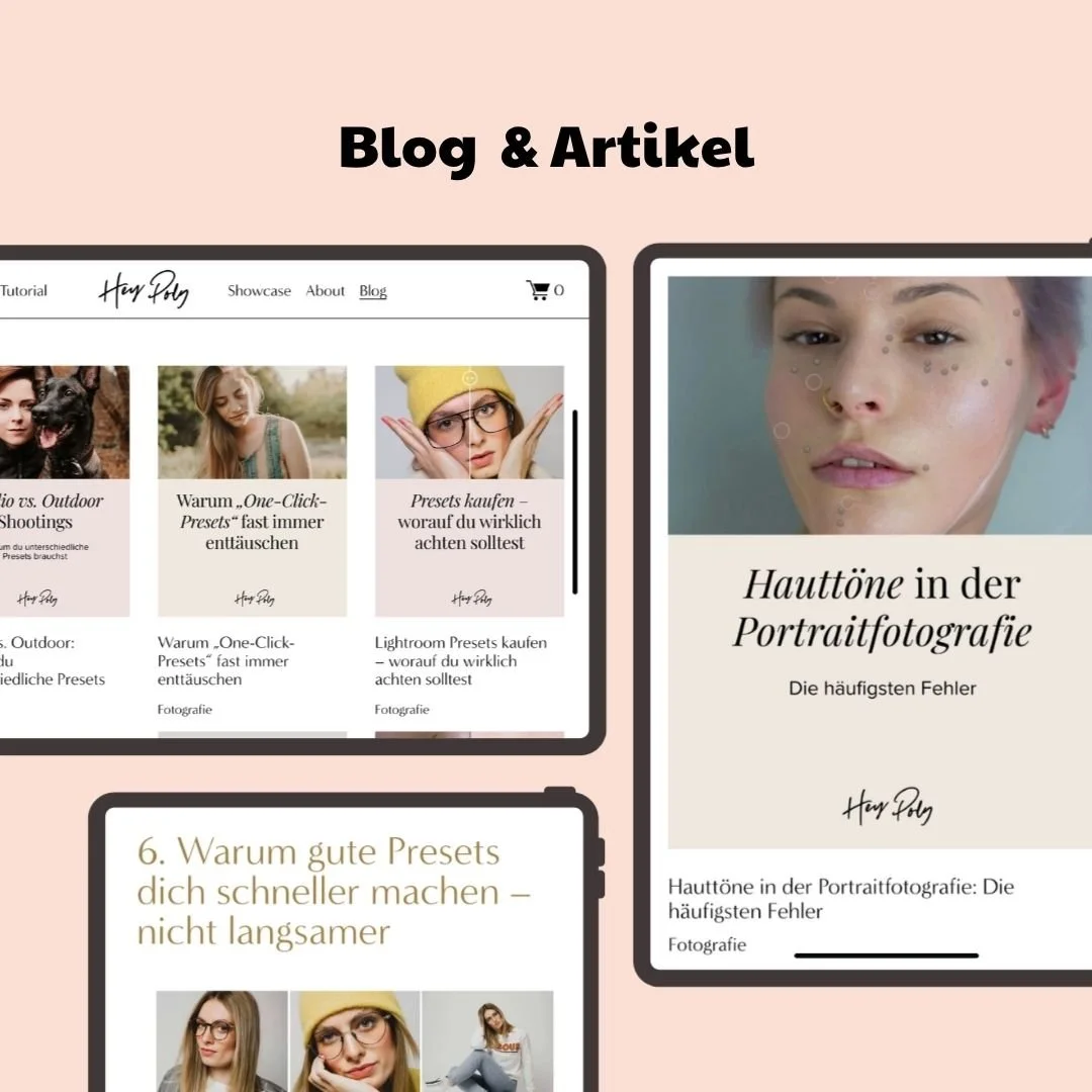 Grafik mit der Überschrift "Blog & Artikel" und drei aus verschiedenen Webseiten stammende Artikel über Fotografie, darunter Hauttöne in der Porträtfotografie.