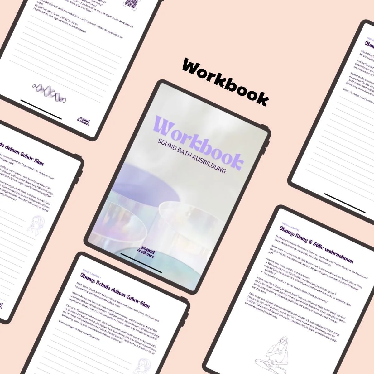 Digitaler Arbeitsheft mit Aufgaben zum Sound Bath, sichtbar auf einem Smartphone-Bildschirm, mit verschiedenen Textseiten und Überschrift ‚Workbook‘, auf rosa Hintergrund.
