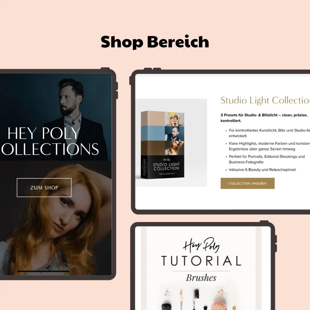 Bildschirmpräsentation mit drei Tablet-Bildschirmen, Überschrift 'Shop Bereich', links ein Werbebild für ein Poly-Photo-Produkt mit einem Mann und einer Frau, rechts ein Produkt mit Textbeschreibung für eine Studio Light Collection, unten ein Tutorial-Produkt für Make-up Pinsel.