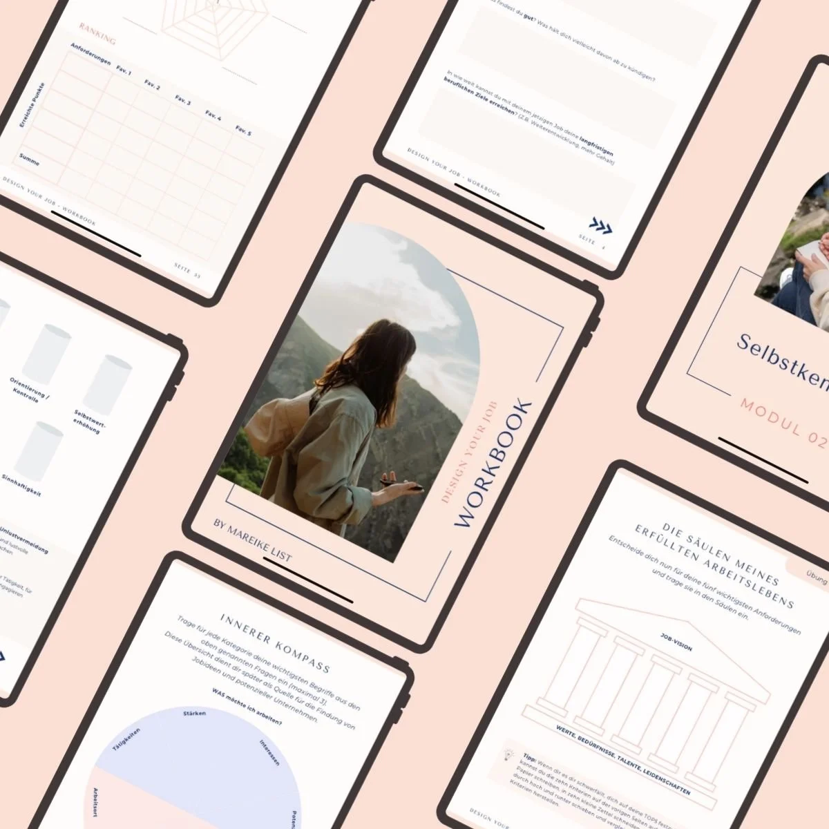 Mehrere Tablet-Displays mit verschiedenen Arbeits- und Motivationsmaterialien, inklusive einem Arbeitsbuch mit einem Bild einer Frau in der Natur auf dem Cover, auf einem beige Hintergrund