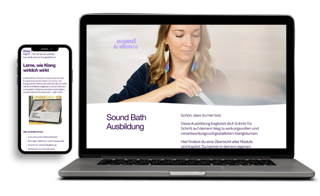 Laptop und Smartphone zeigen eine Webseite über Sound & Silence-Ausbildung, mit einem Bild einer Frau, die auf einem Tablet schreibt, und Textinhalten auf beiden Bildschirmen.