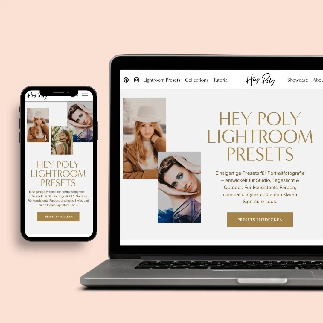 Ein Laptop und ein Smartphone zeigen eine Webseite für Lightroom Presets mit Fotos von Frauen, einem mit einem Hut, das andere mit auffälligem Make-Up. Der Hintergrund ist rosa.