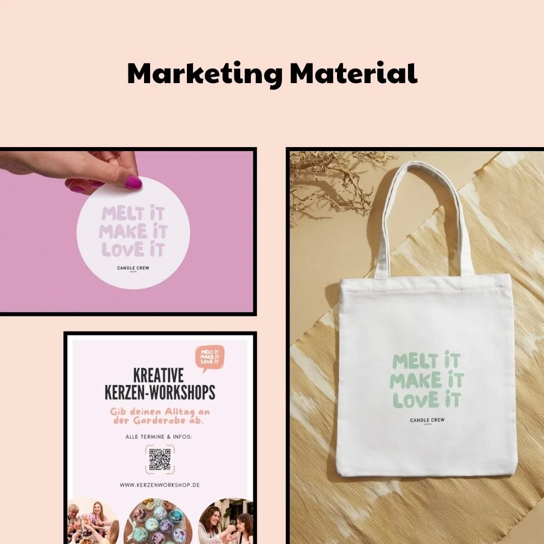 Design für Marketingmaterial, bestehend aus einem Poster, einem Flyer und einer weißen Stofftasche. Die Gegenstände tragen ähnliche Sprüche wie 'MELT IT MAKE IT LOVE IT' in Pastellfarben.