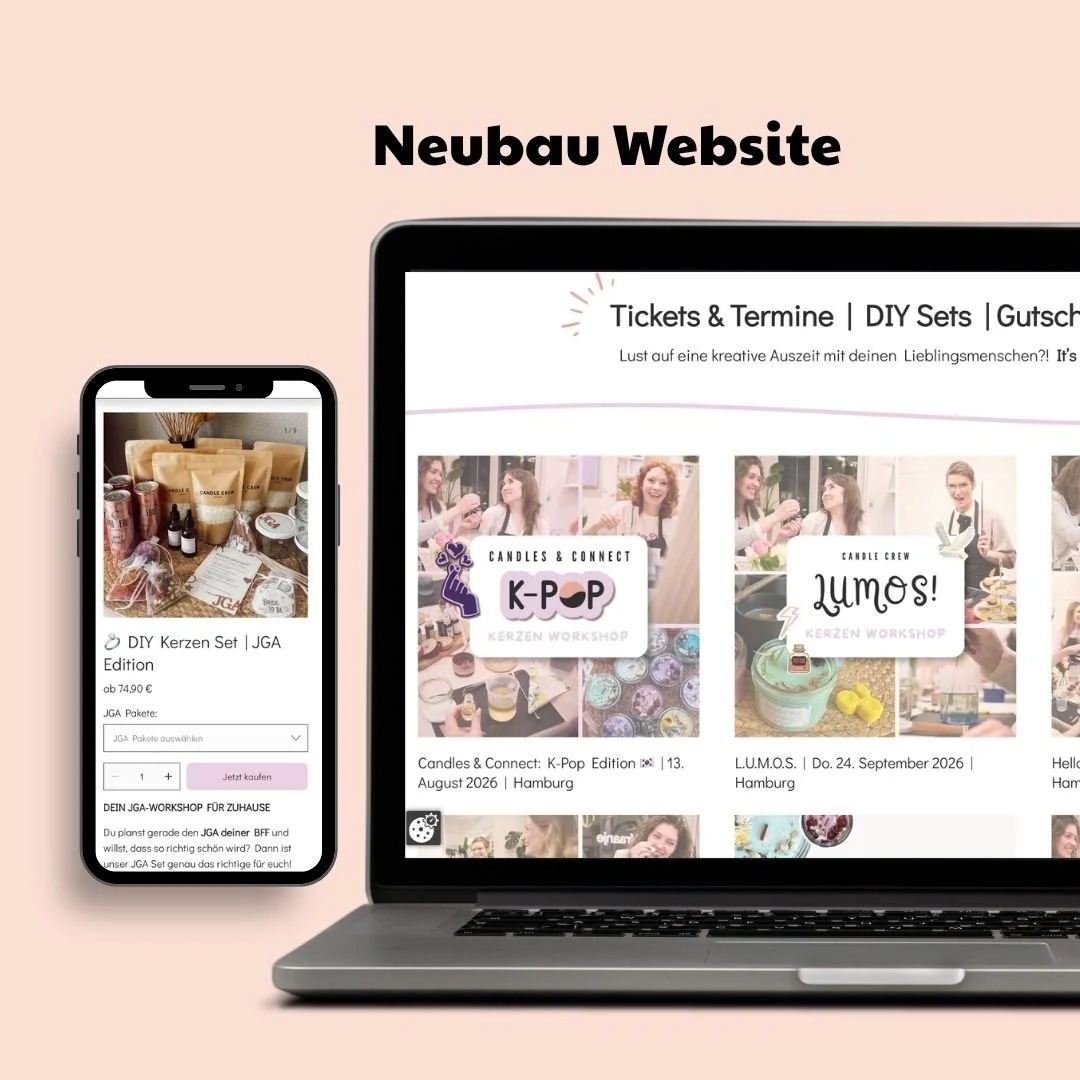 Bild zeigt einen Laptop und ein Smartphone, die eine Webseite für eine Kerzen-Workshop-Event präsentieren. Der Laptop zeigt Angebote für Kerzen-Workshops und das Smartphone zeigt ein Produkt für einen DIY Kerzen-Set. Der Hintergrund ist hell.
