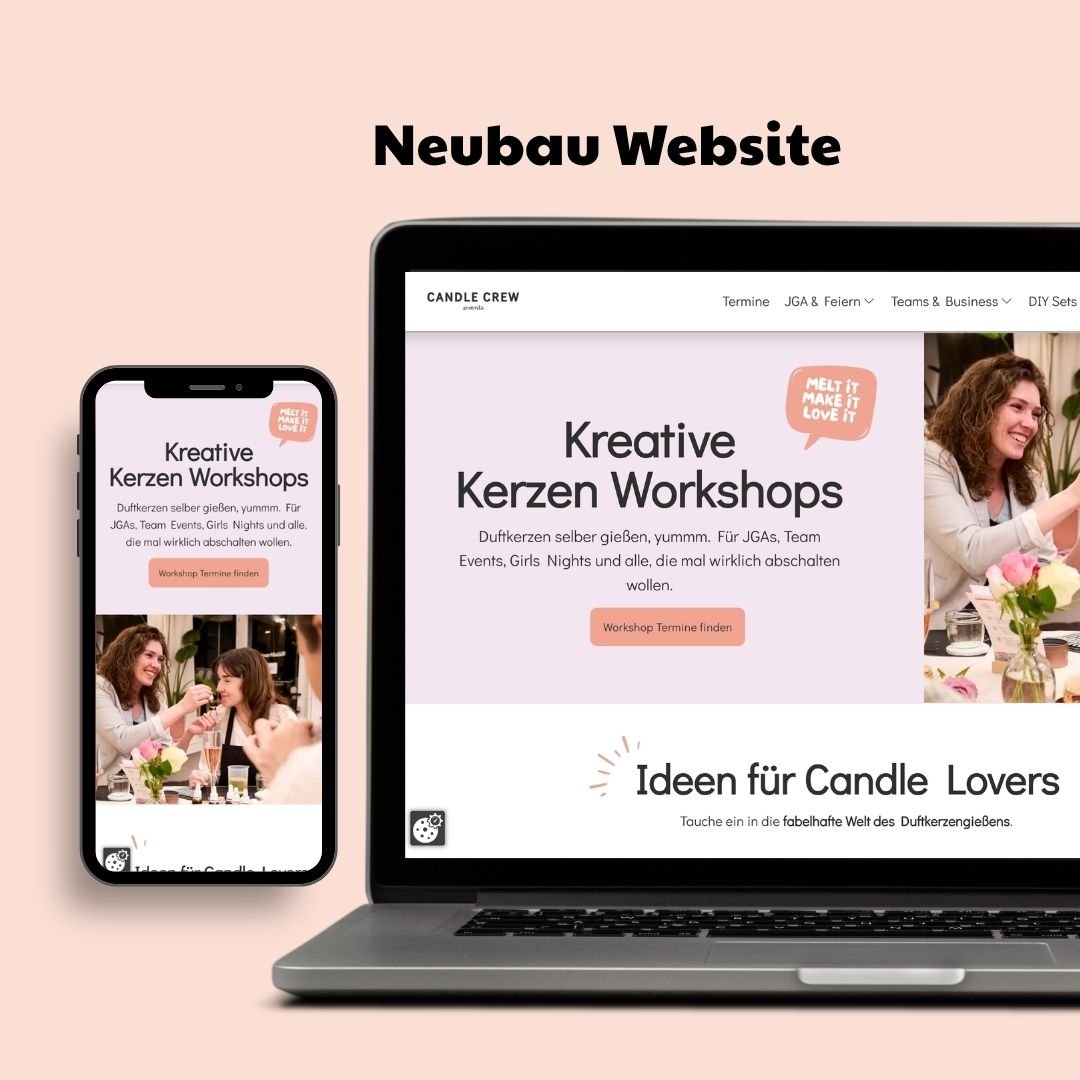 Bild zeigt eine Website und ein Smartphone, die beide die gleiche Website für kreative Kerzen-Workshops präsentieren, mit einem Text, der zu den Workshops einlädt, und einem Bild einer lachenden Frau, die eine Kerze dekoriert.