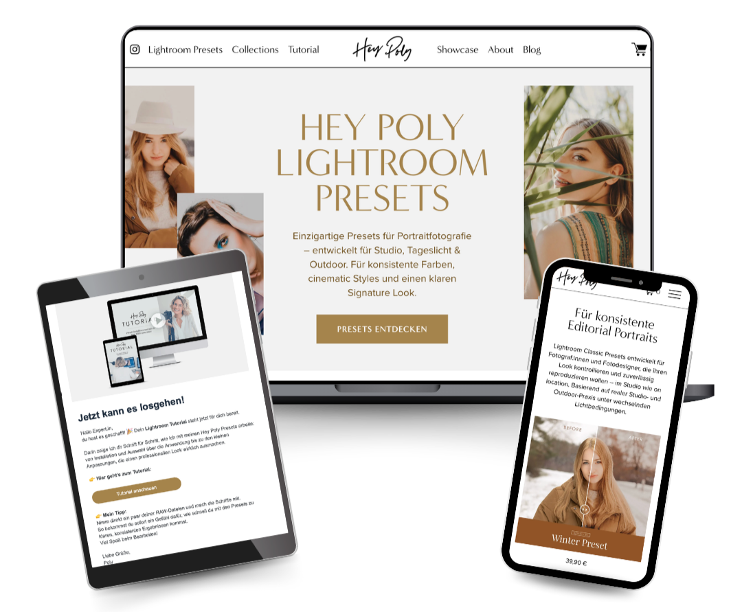 Bild zeigt eine Webseite für Hey Poly Lightroom Presets auf einem Laptop, einem Tablet und einem Smartphone, alle mit Designer-Fotos und Text über Presets für Portraitfotografie.