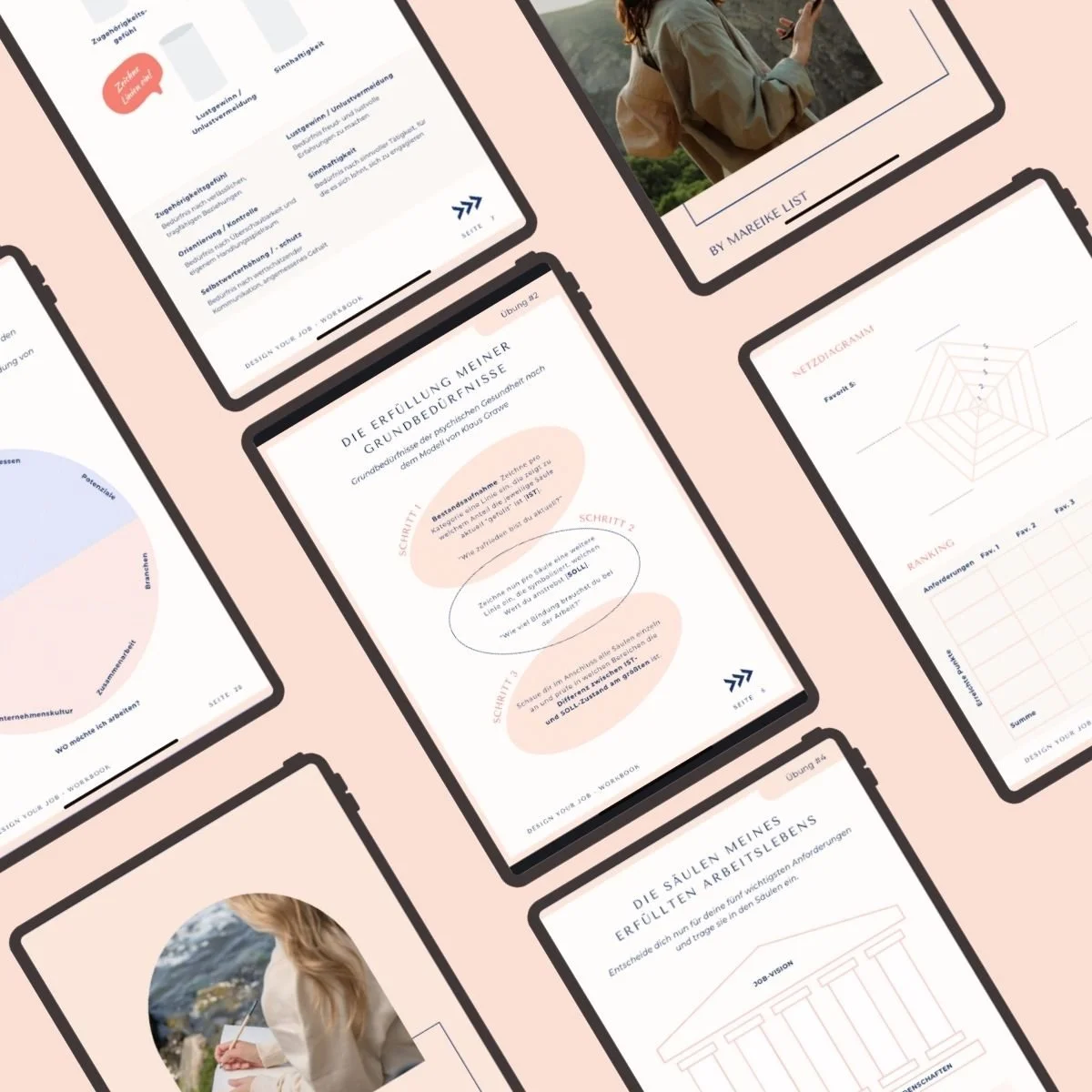 Mehrere Tablets, die verschiedene digitale Arbeitsmaterialien zeigen, auf einem rosa Hintergrund. Einige Displays enthalten Diagramme, Texte und Fotos.