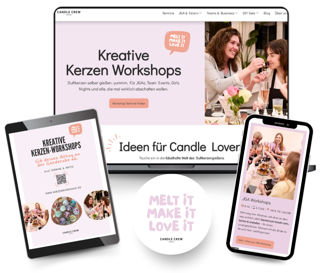 Musterseite für kreative Kerzen-Workshops, zeigt eine Laptop- und zwei Smartphone-Displays mit Informationen zu Workshops, Fotos von Menschen beim Kerzengießen und -dekoration sowie Kaffeetafel, pinke und weiße Gestaltung, Logo 'Melt it Make it Love it'.