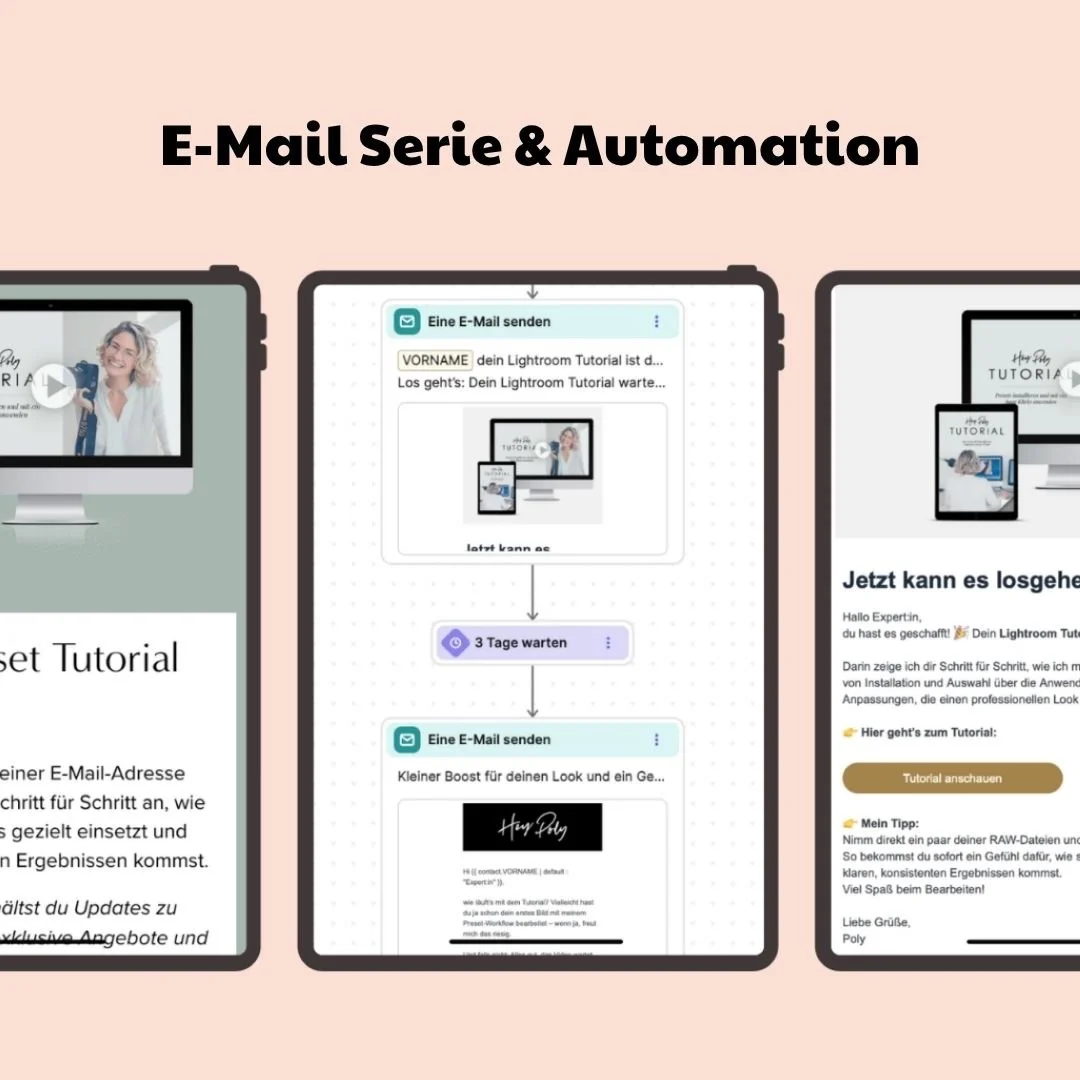 Drei Smartphone- und Computerbildschirme zeigen eine E-Mail-Serie und Automatisierung in deutscher Sprache.