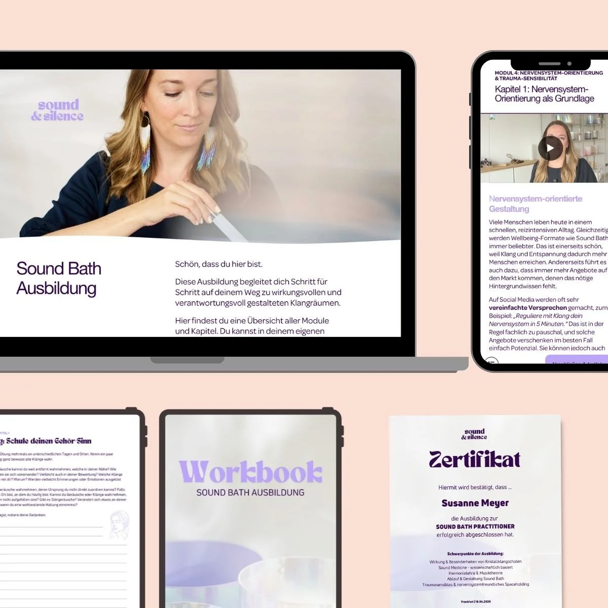 Digitale Lernmaterialien für eine Ausbildung zur Sound Bath Praktiker, inklusive Bildschirm mit E-Learning-Kurs, Workbook, Zertifikat und weiteren Lernressourcen.