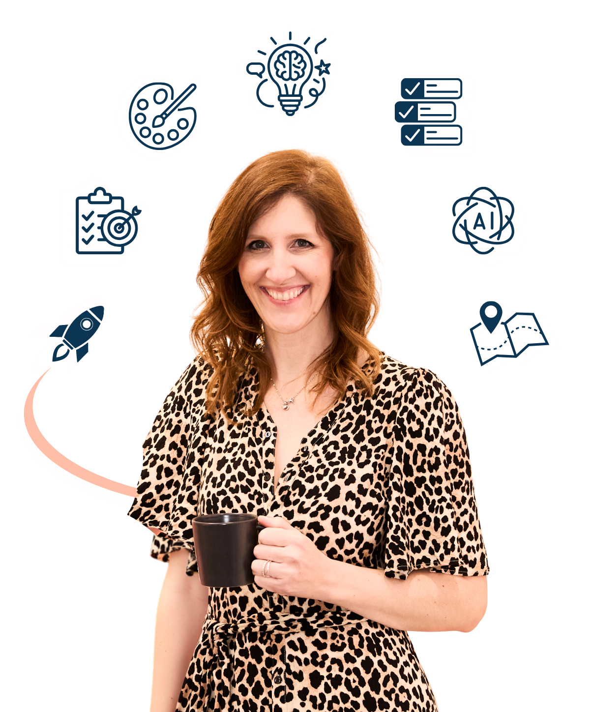 Frau mit braunen Haar und Leo-Kleid hält Kaffeetasse, vor einem Diagramm mit verschiedenen Icons und Texten.