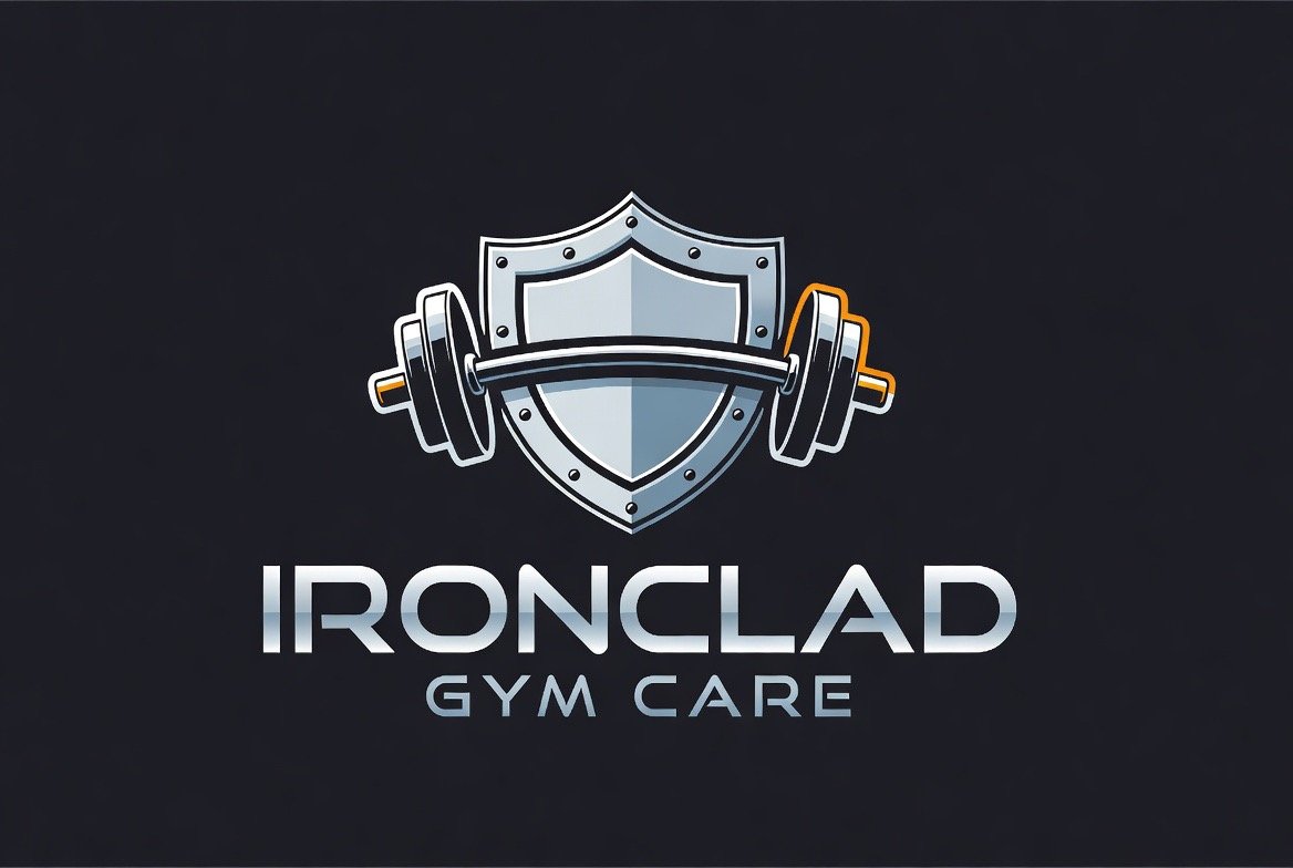 Logo for Ironclad Gym Care featuring a shield with a barbell.