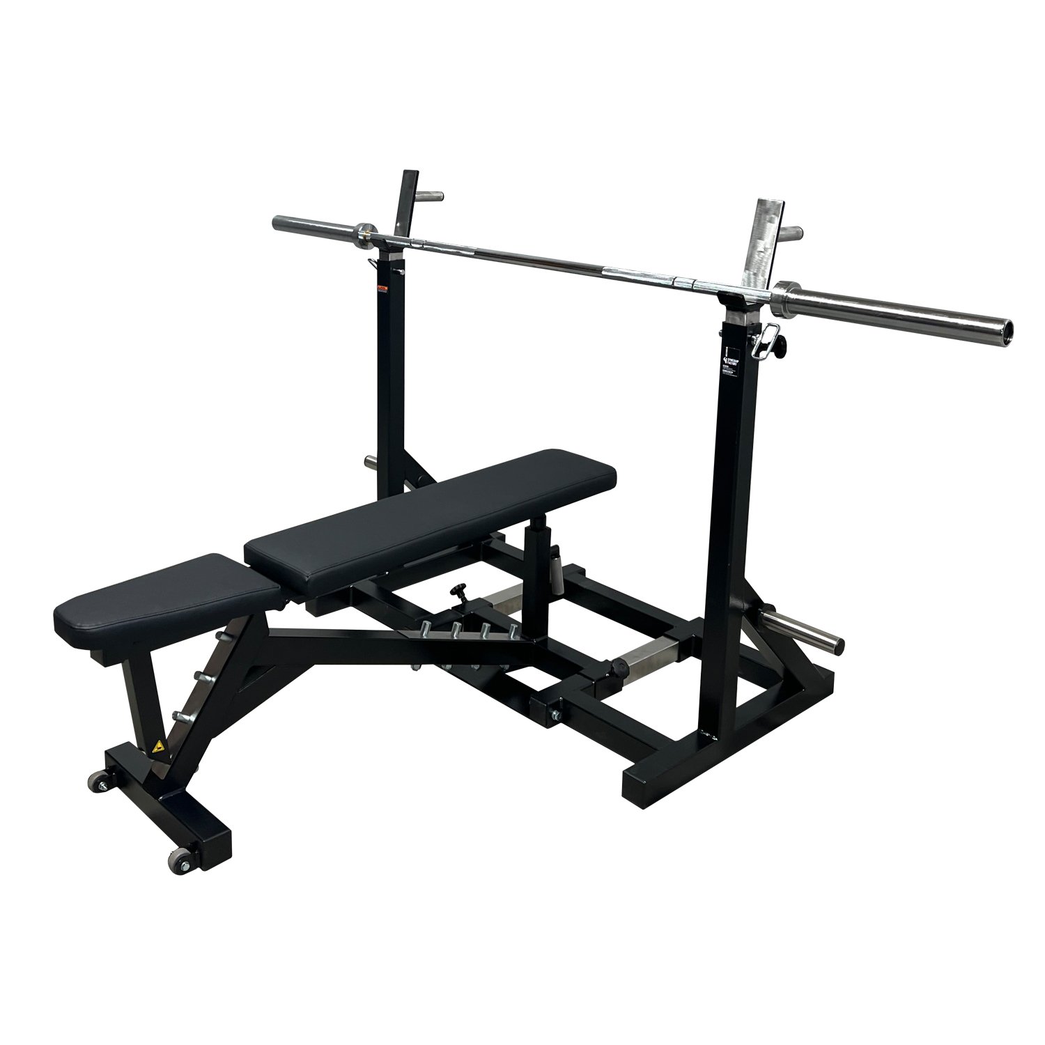 A weightlifting bench press station with a barbell resting on supports.