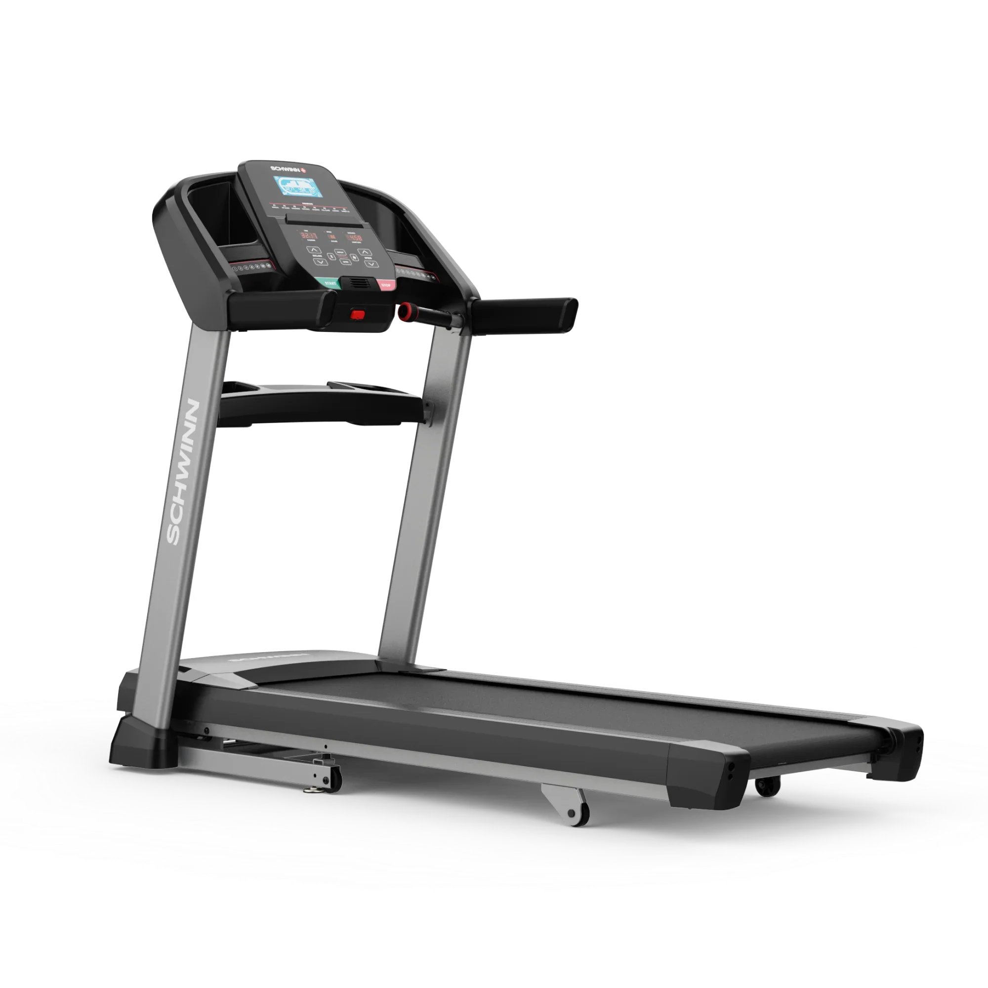 Black and silver treadmill with control panel, display, and safety key