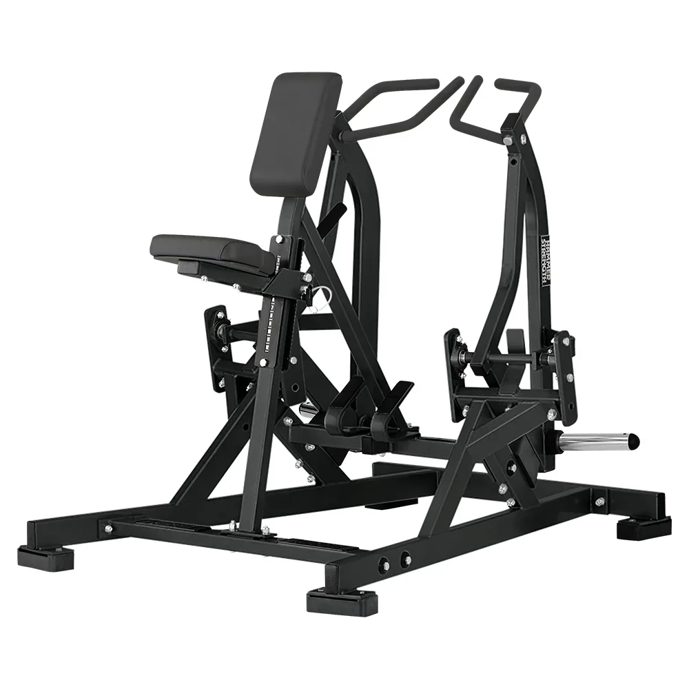 Black leg press machine with padded seat and backrest, workout handles, and footplate.