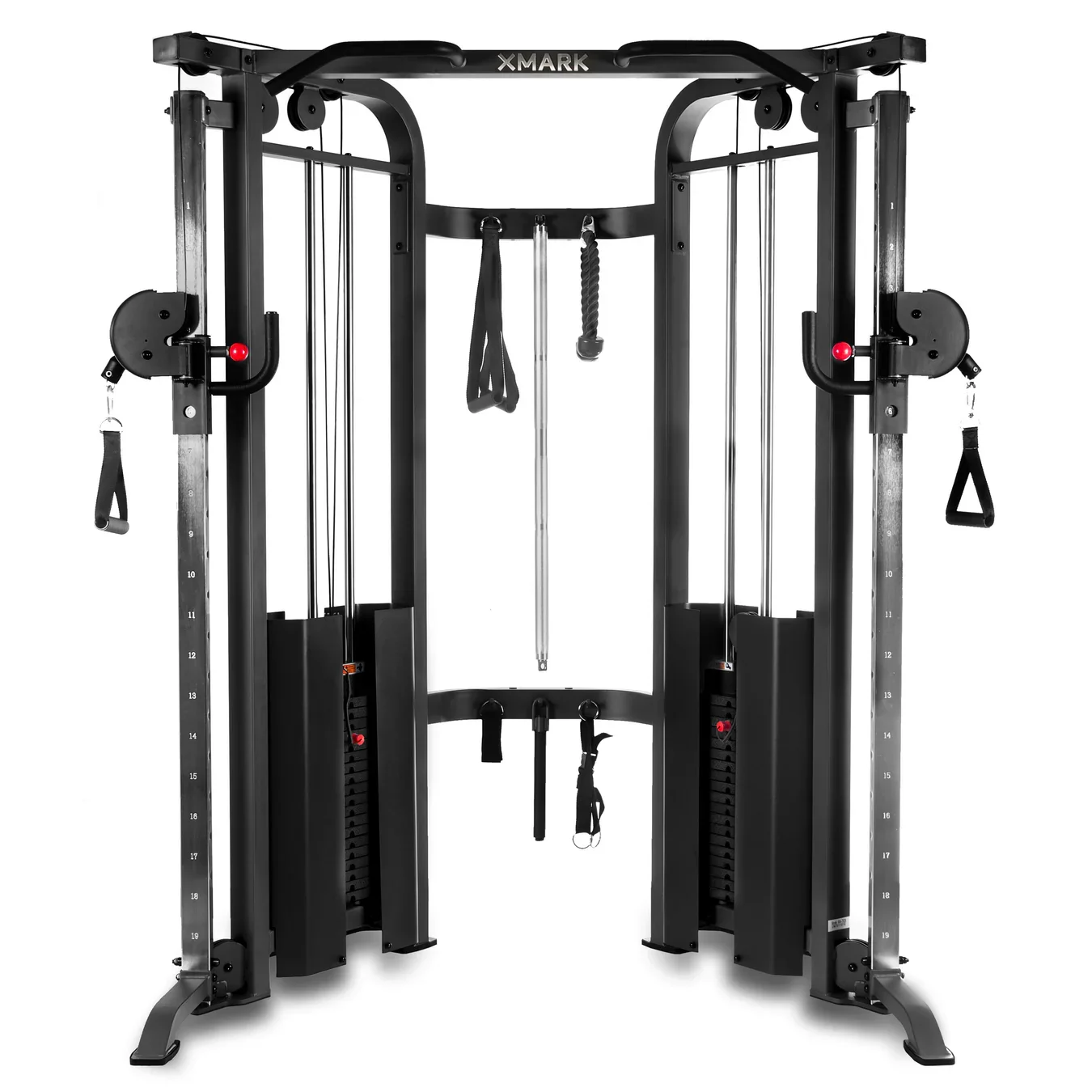 Black multi-purpose fitness cage with various attachment points, pulleys, and resistance bands for strength training.