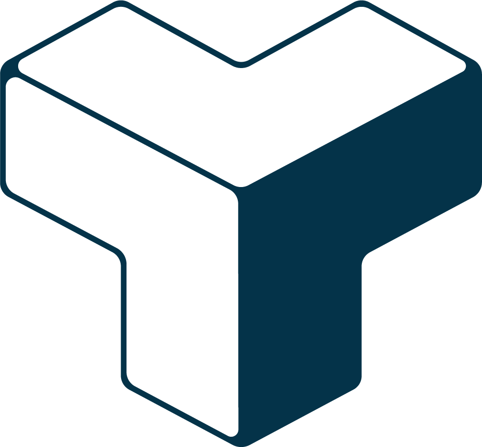 A stylized close-up illustration of a black and blue geometric letter Y with shadowing for a three-dimensional effect.
