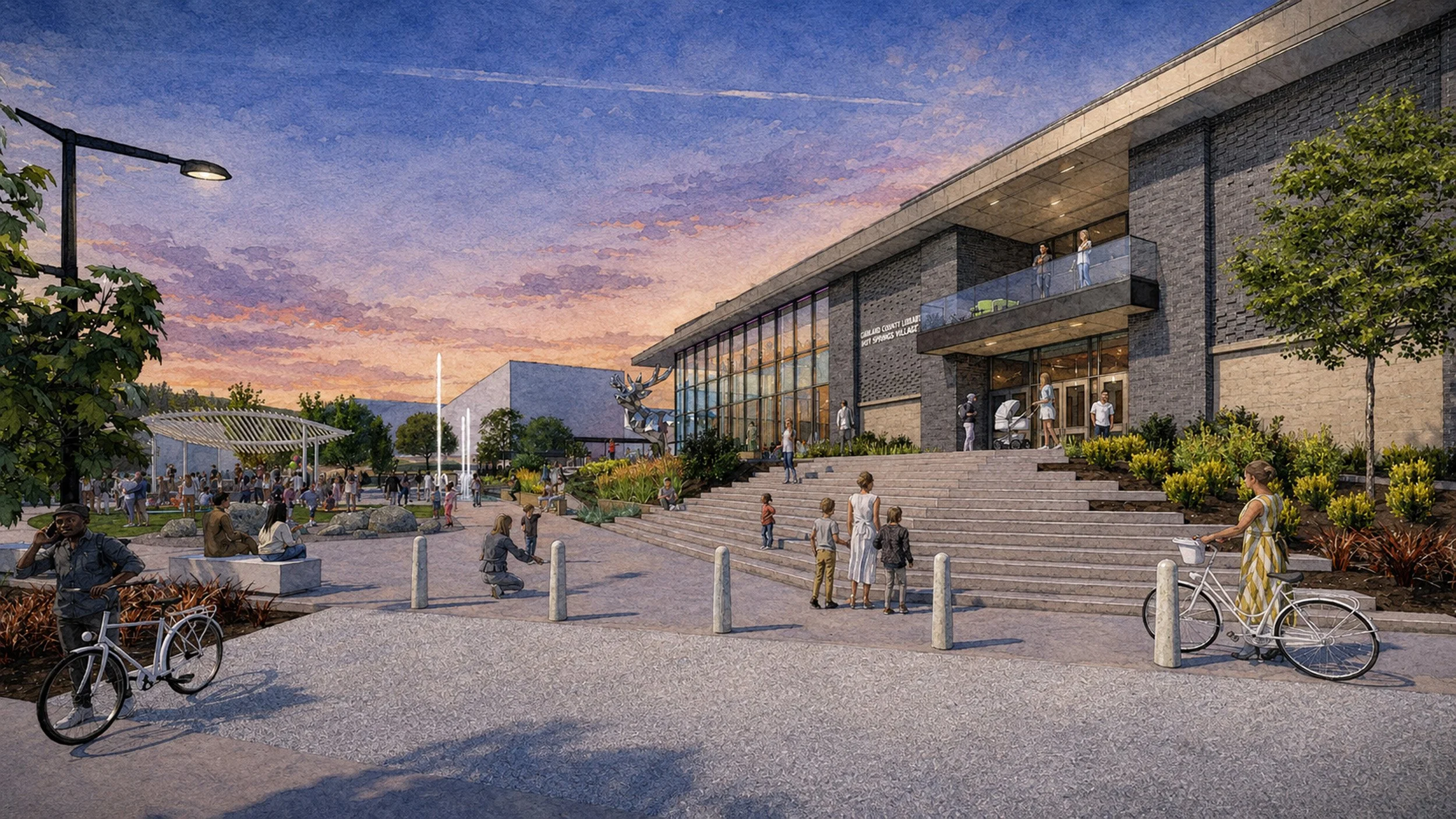 A bustling community plaza at sunset with a modern building, outdoor seating, children playing, people walking, riding bikes, and a fountain in the background.
