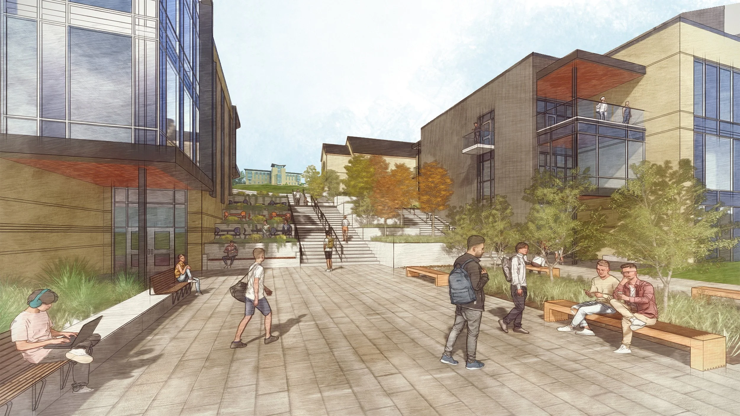 A digital rendering of a modern urban college campus plaza with people walking, sitting, and socializing, surrounded by large glass and concrete buildings, trees, and outdoor seating areas.