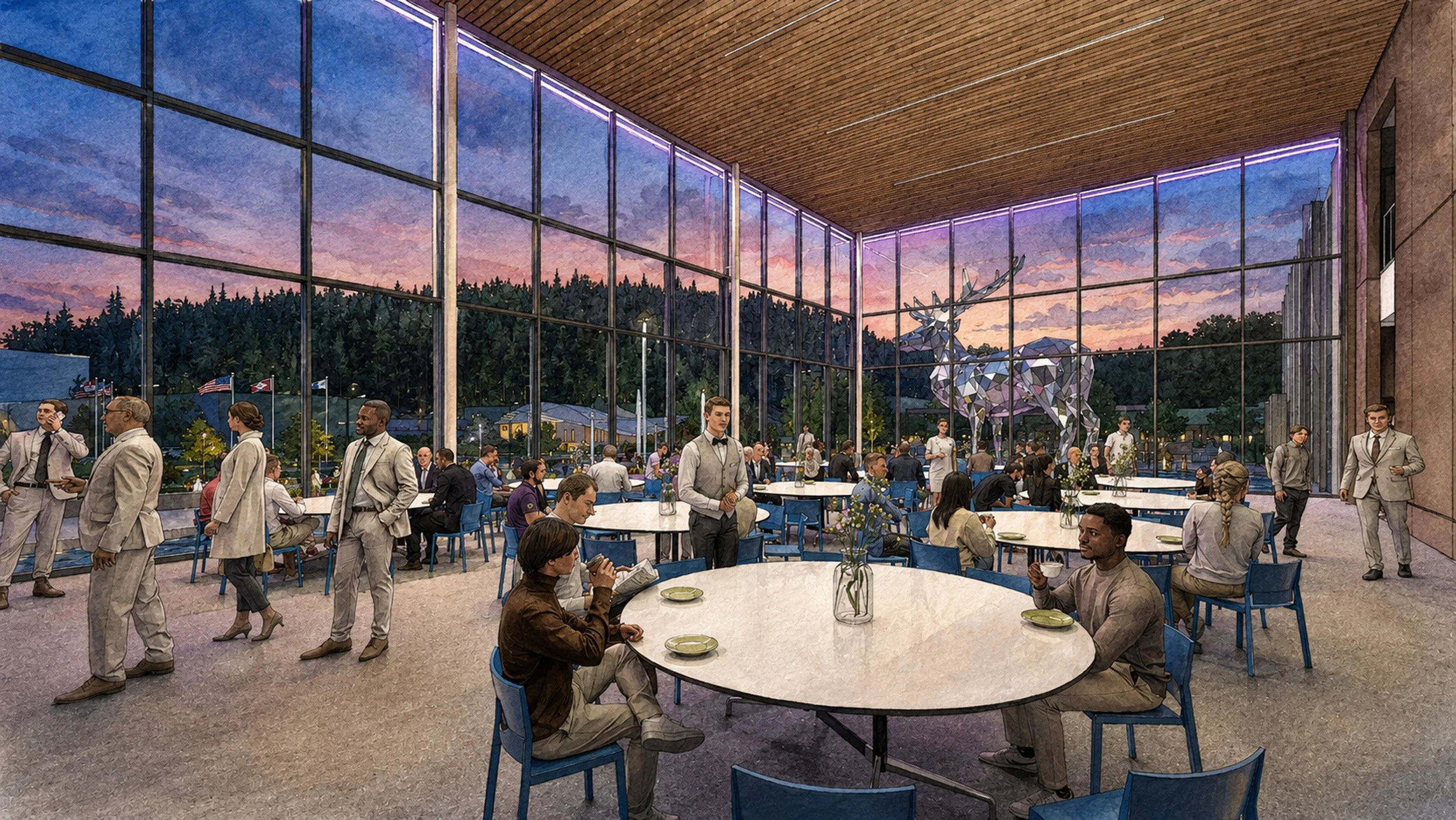 Indoor restaurant with large glass windows showing trees and a sunset sky. The space is filled with people dining and waitstaff serving. Modern decor with a wooden ceiling and geometric sculpture outside.