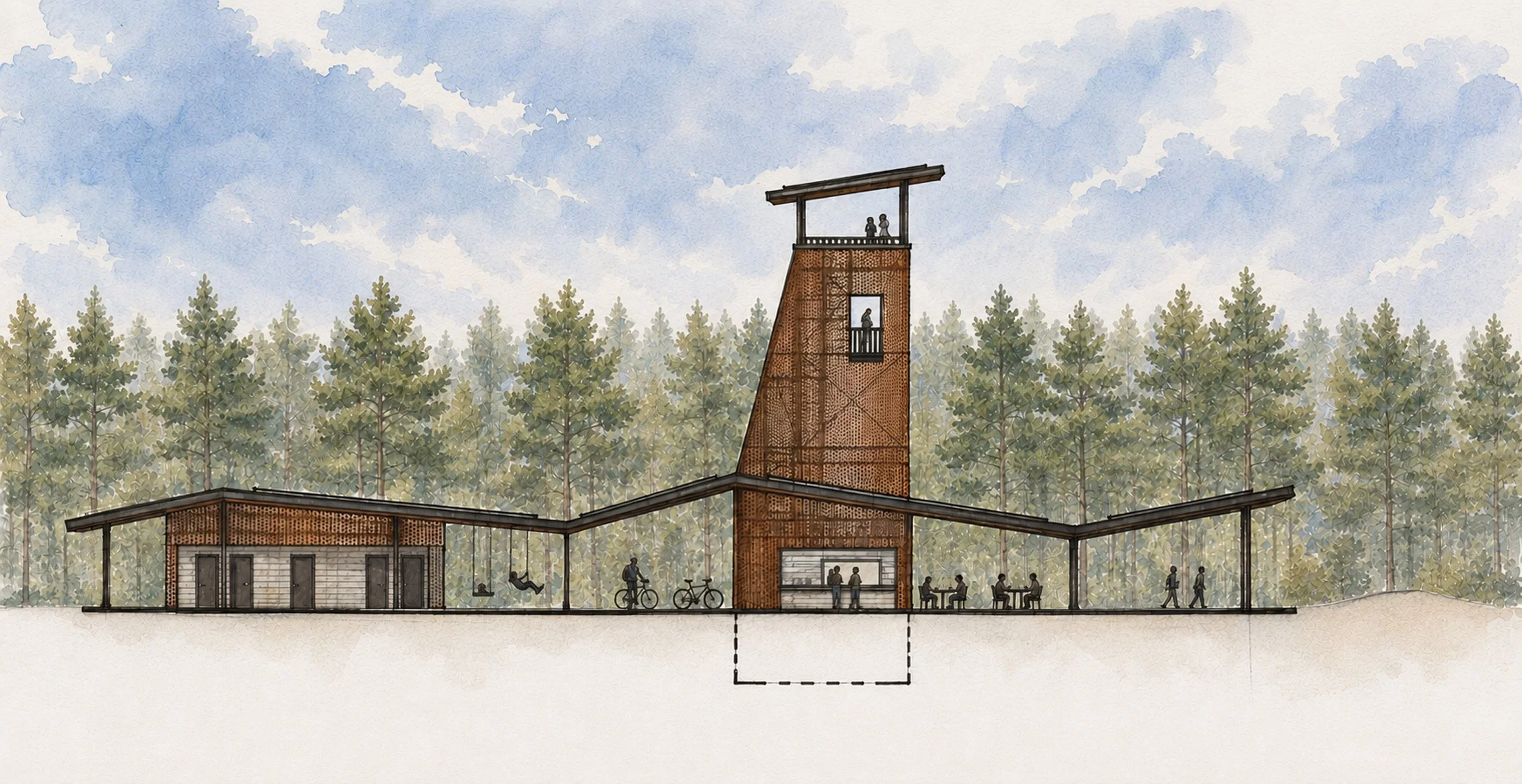 Illustration of a building with a tall tower and a railing lookout, surrounded by trees, with people, bicycles, and a playground area underneath.