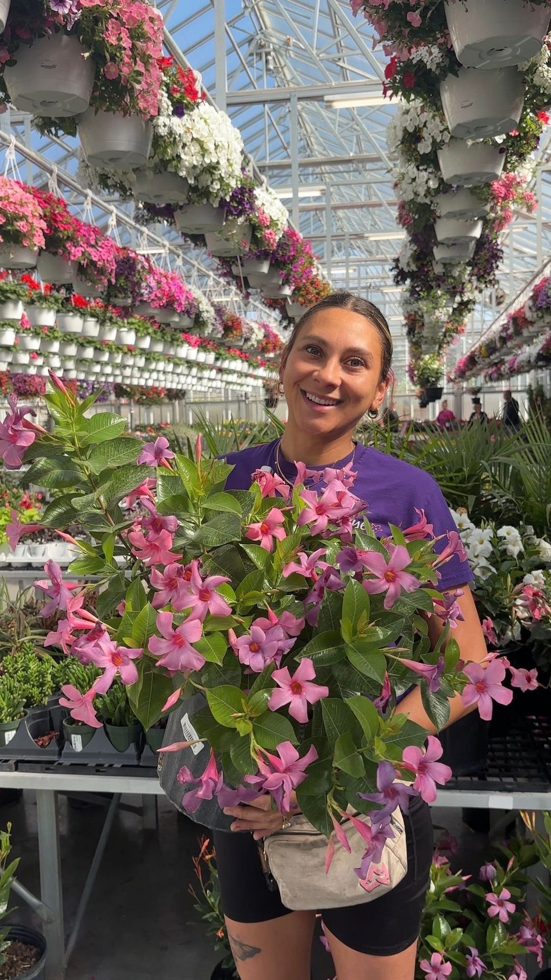 A woman smiling in a greenhouse, holding a potted plant with pink flowers, surrounded by hanging and arranged flowers in various colors.