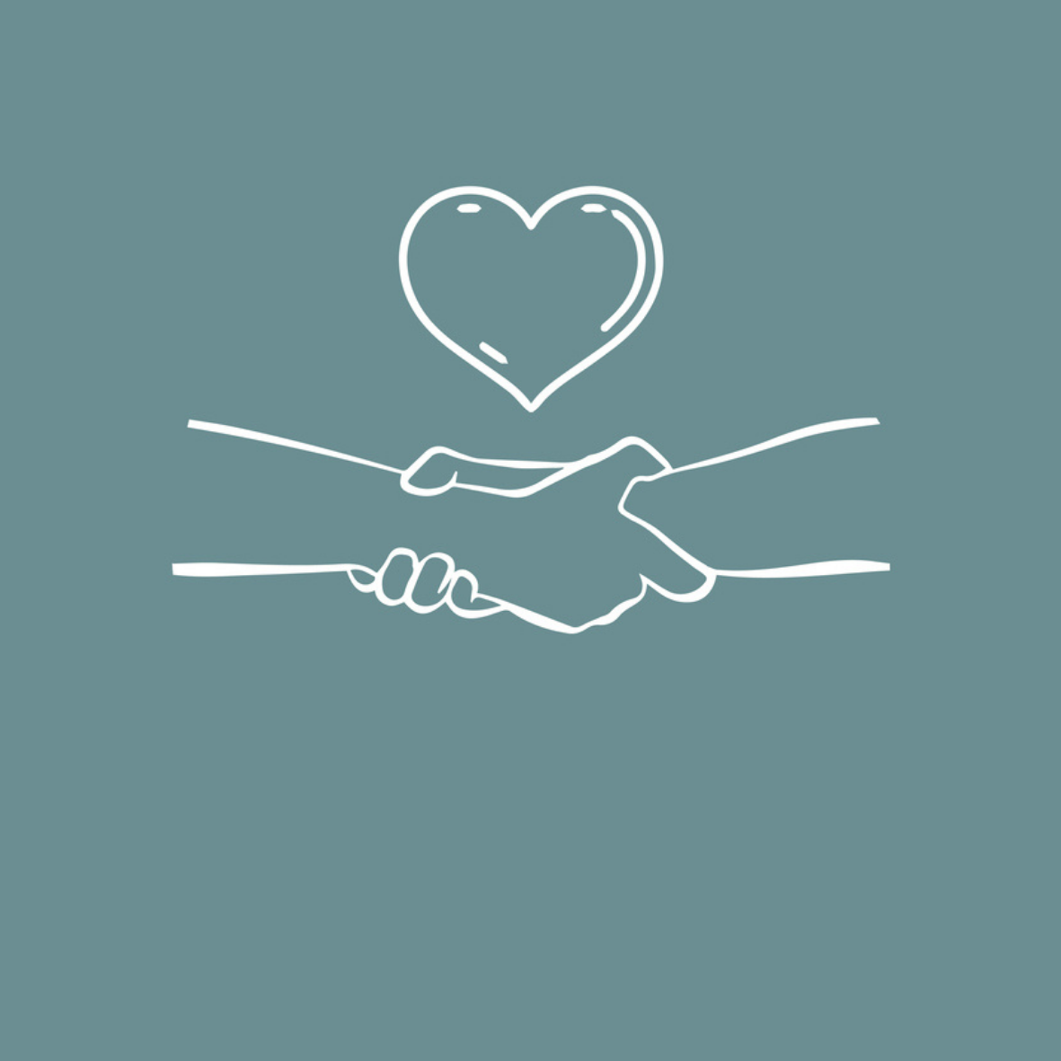 Line drawing of two hands shaking with a heart above them on a teal background.