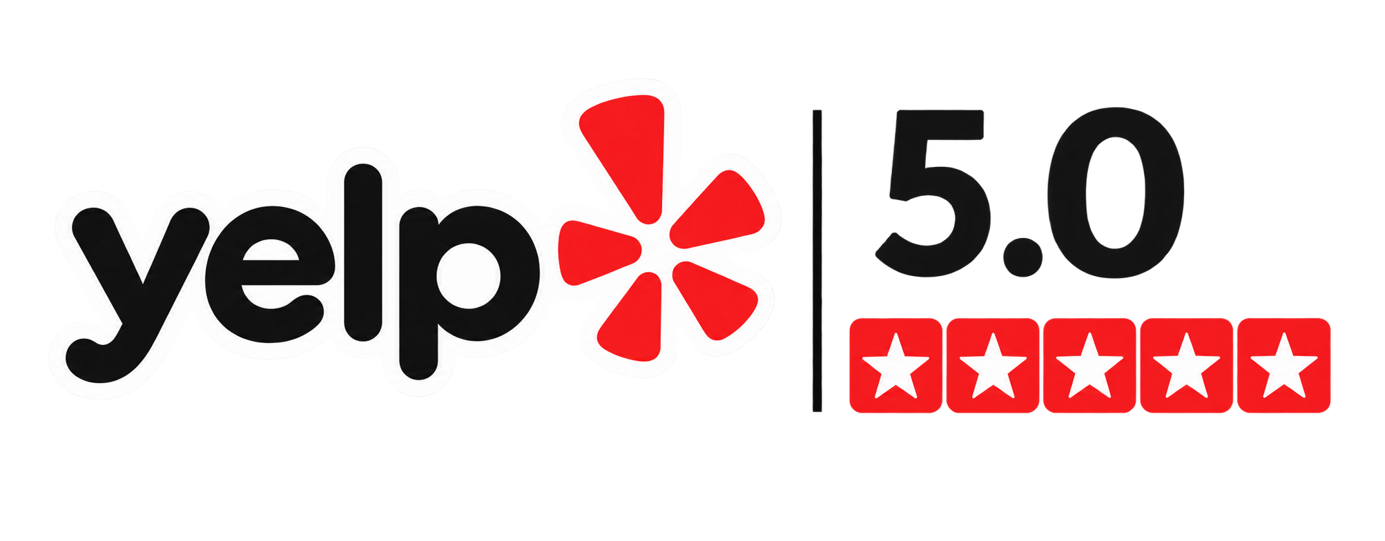 Yelp 5.0 star rating logo with a red flower and black text.