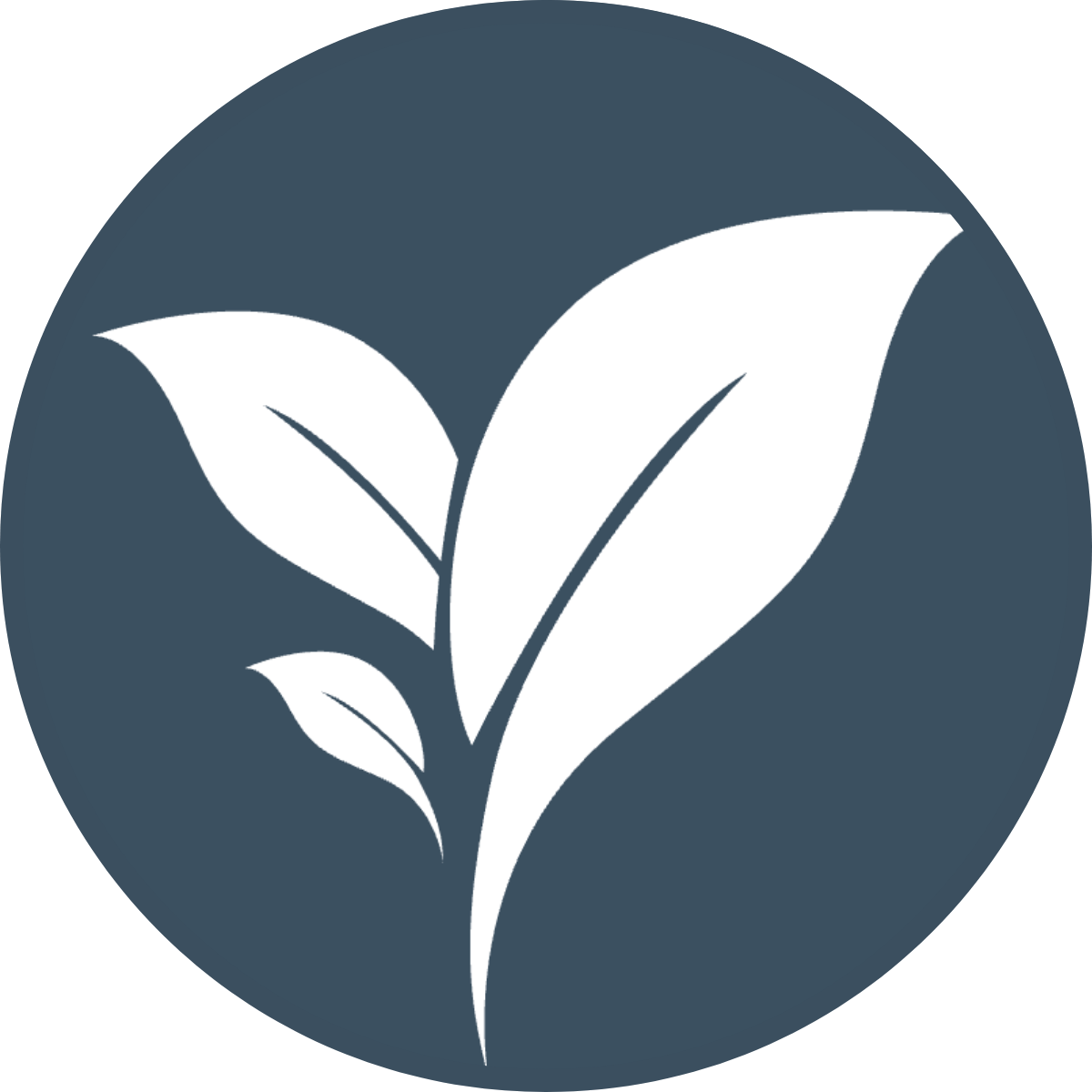 A white stylized plant with three leaves on a dark blue circular background.