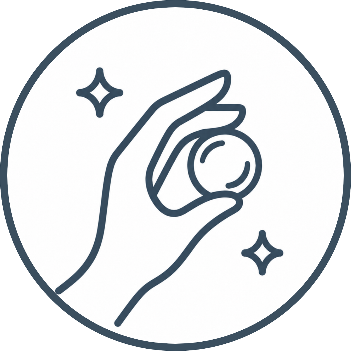 A minimalistic line drawing of a hand holding a coin, with two small sparkles nearby, representing saving or financial success.