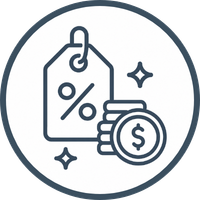 Icon of a discount tag with a percentage sign, a stack of coins, and sparkling effects, representing savings or discounts.