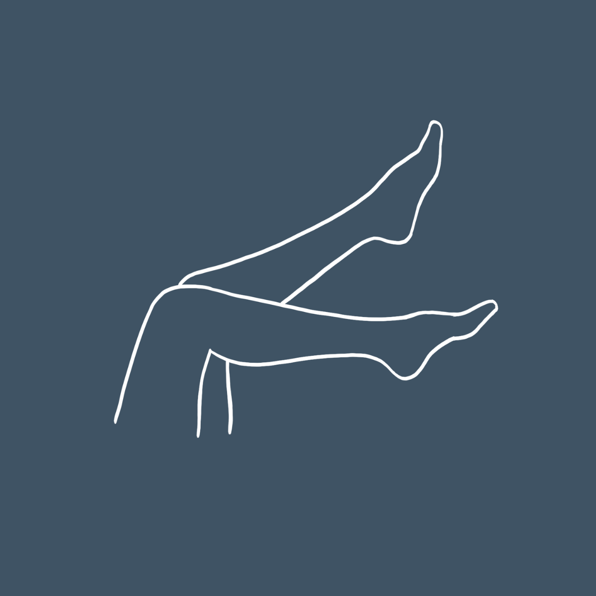 Line art illustration of two crossed legs, one resting on top of the other, on a dark background.