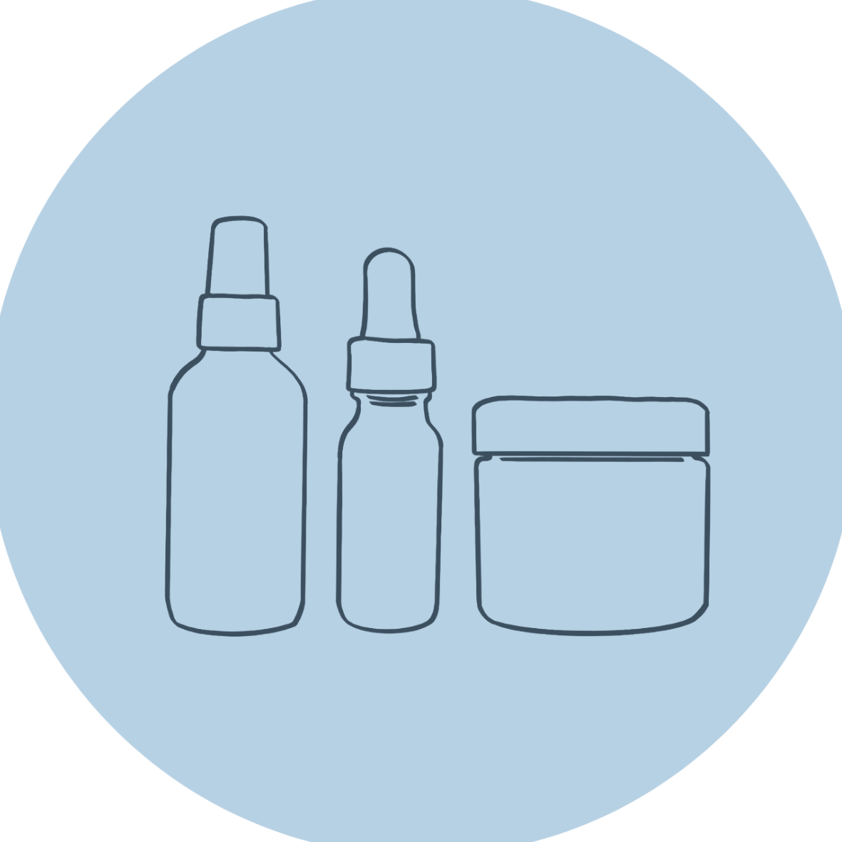 Line drawing of three skincare or cosmetic containers on a blue circular background.