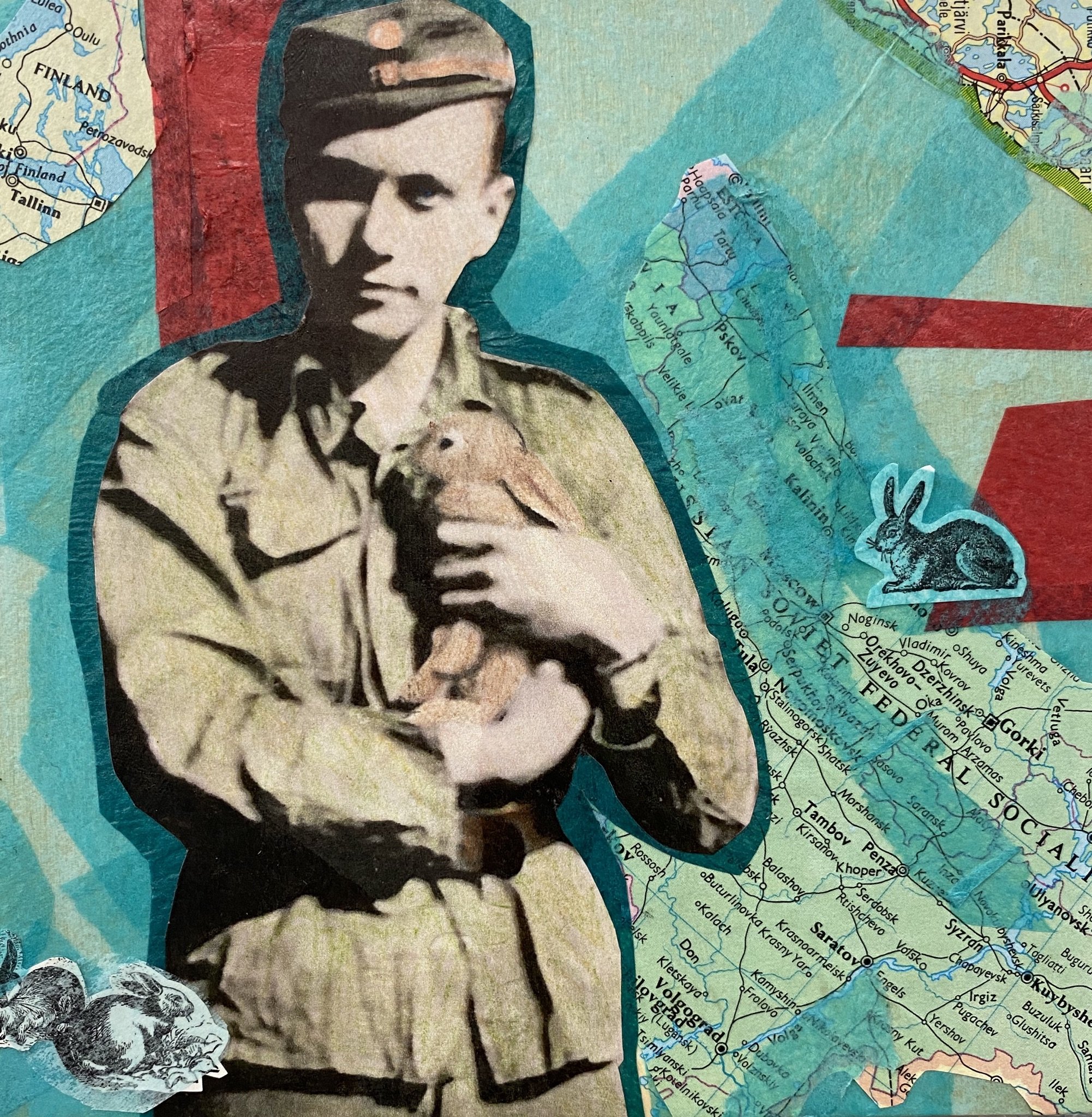 Solider Boy - Mixed Media Collage - 6" x 6" x 2" - $325
