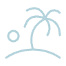 A drawing of a palm tree on a small island with a sun in the sky and water.