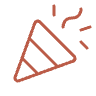 Line drawing of a party horn or noise maker with a curled end and confetti or sparkles around it.