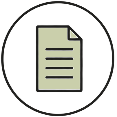 Document page icon with folded corner and horizontal text lines inside a dark circular outline