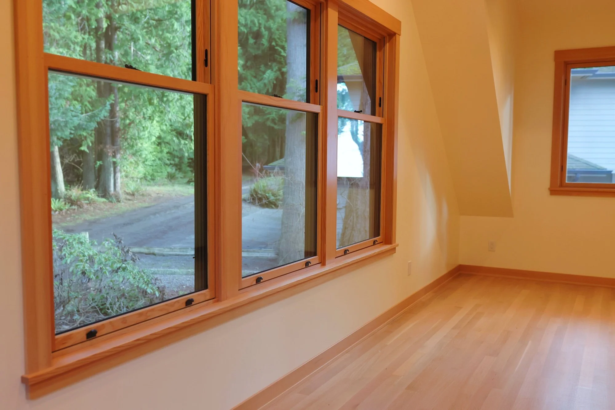 Interior view of a room with large wooden-framed windows looking out onto a wooded area with trees and a dirt path.