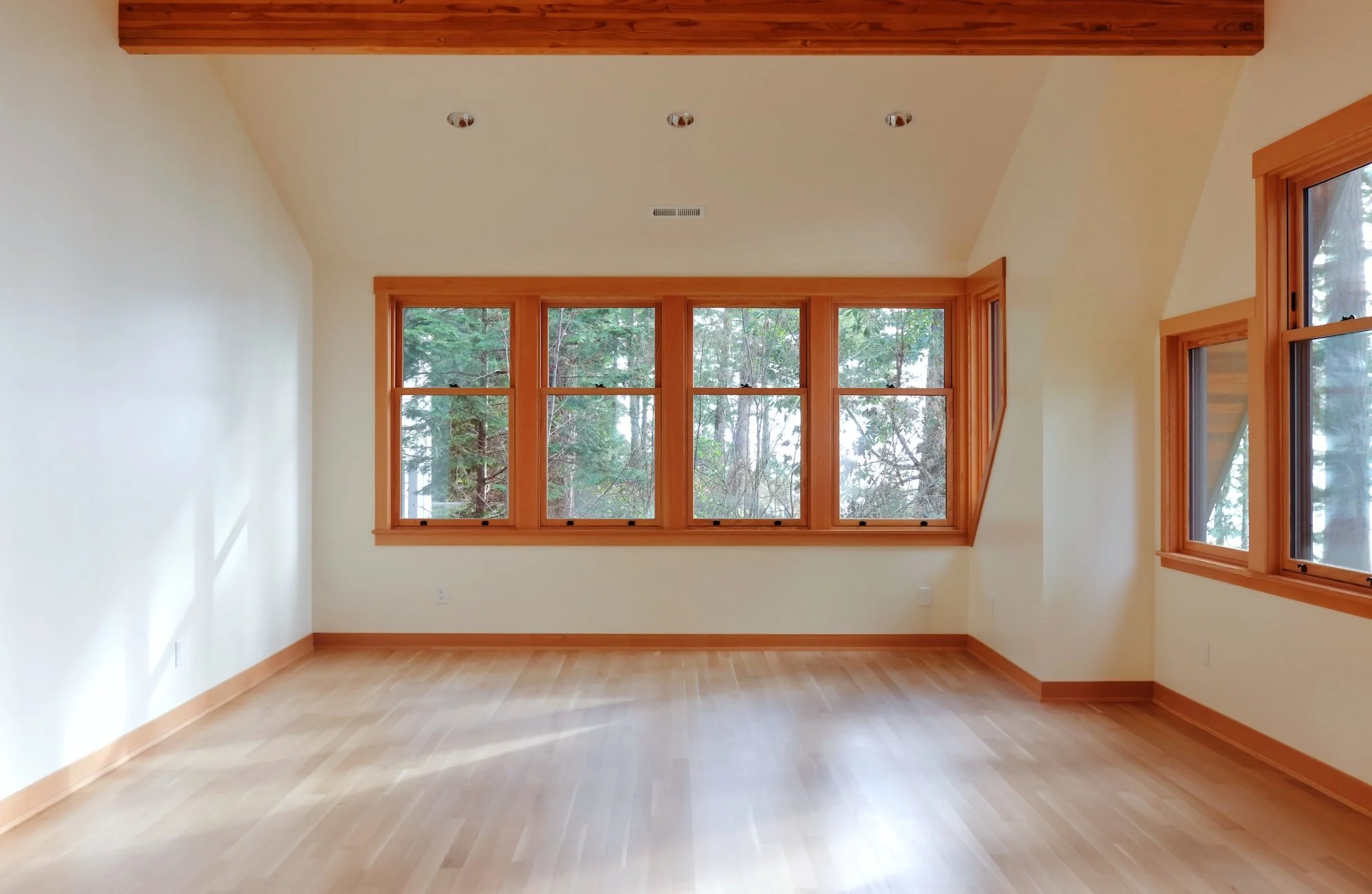 Empty room with large windows showing trees outside, hardwood floors, and light-colored walls.