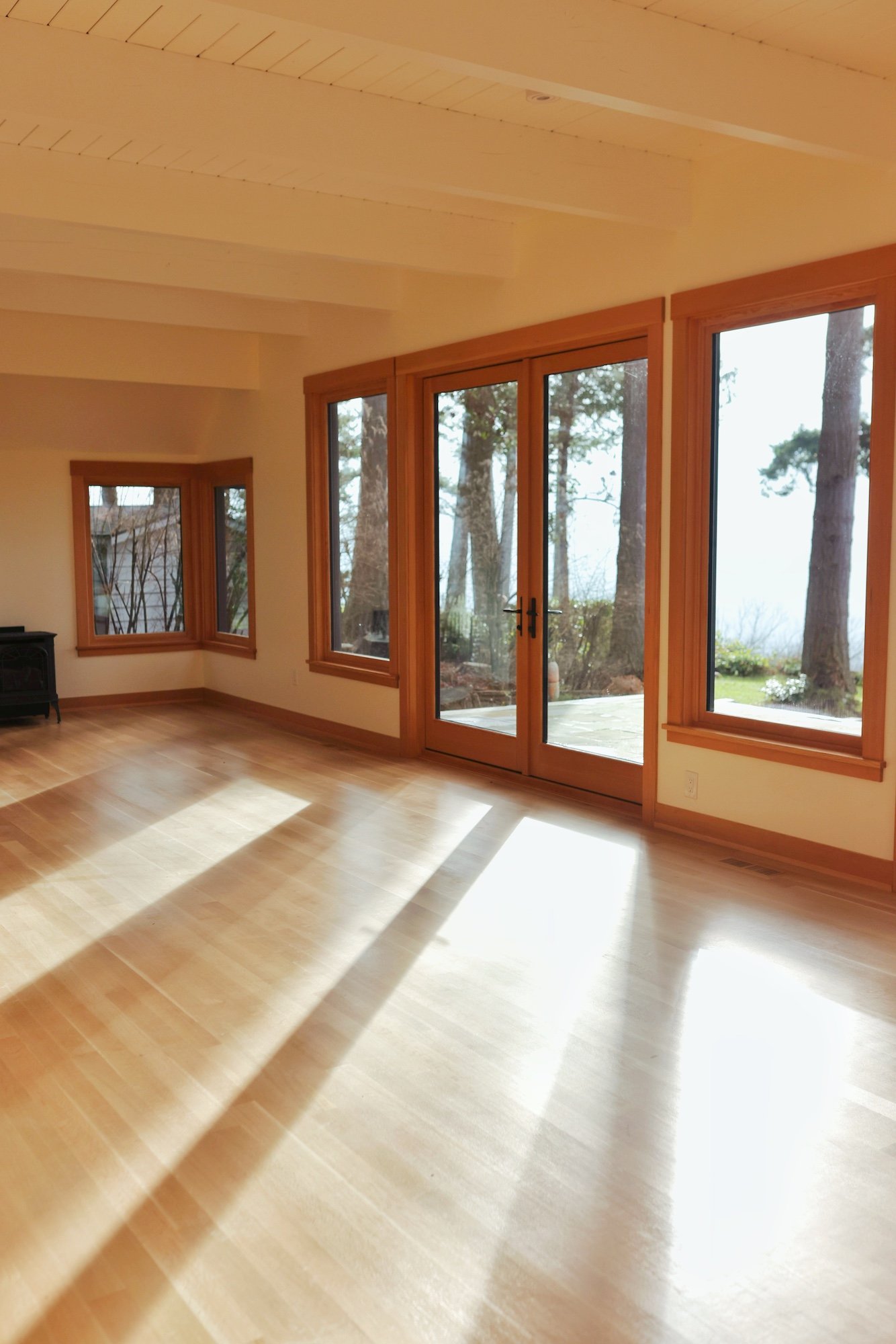 Sunlit empty room with wooden floors, large windows, and a glass door overlooking a forested landscape.